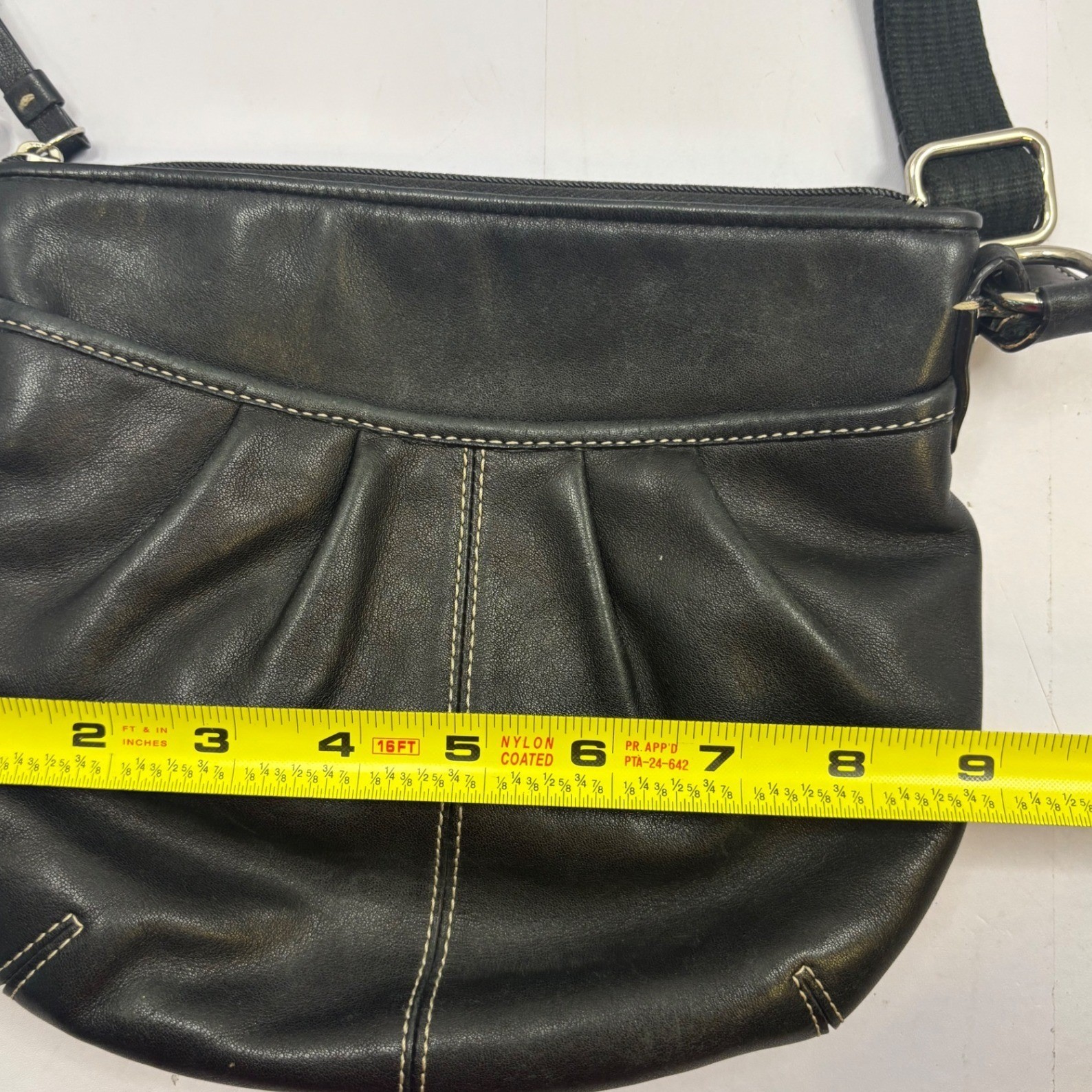 COACH Black Leather Pleated Crossbody Bag Silver Hardware Contrast Stitching