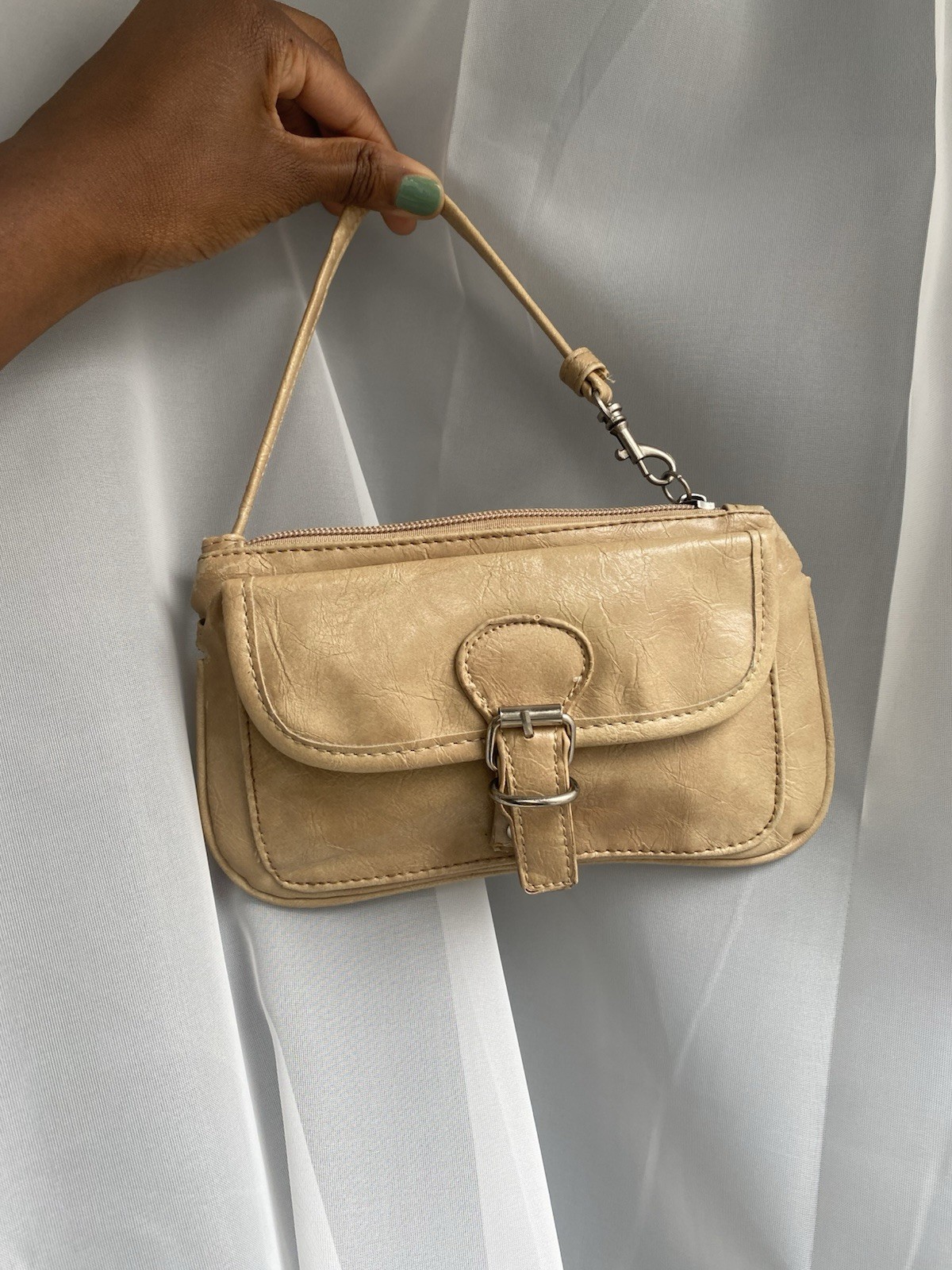 Beige Small Women’s Shoulder Bag, Buckle & Zip Closure, Adjustable Strap