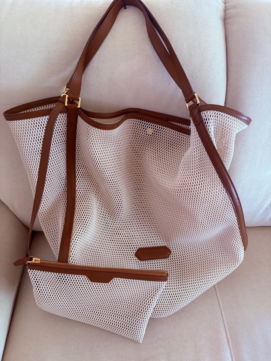 3.5k Auth Tom Ford Tote Bag Mesh Leather Trim w/Pouch Women/Men/Unisex