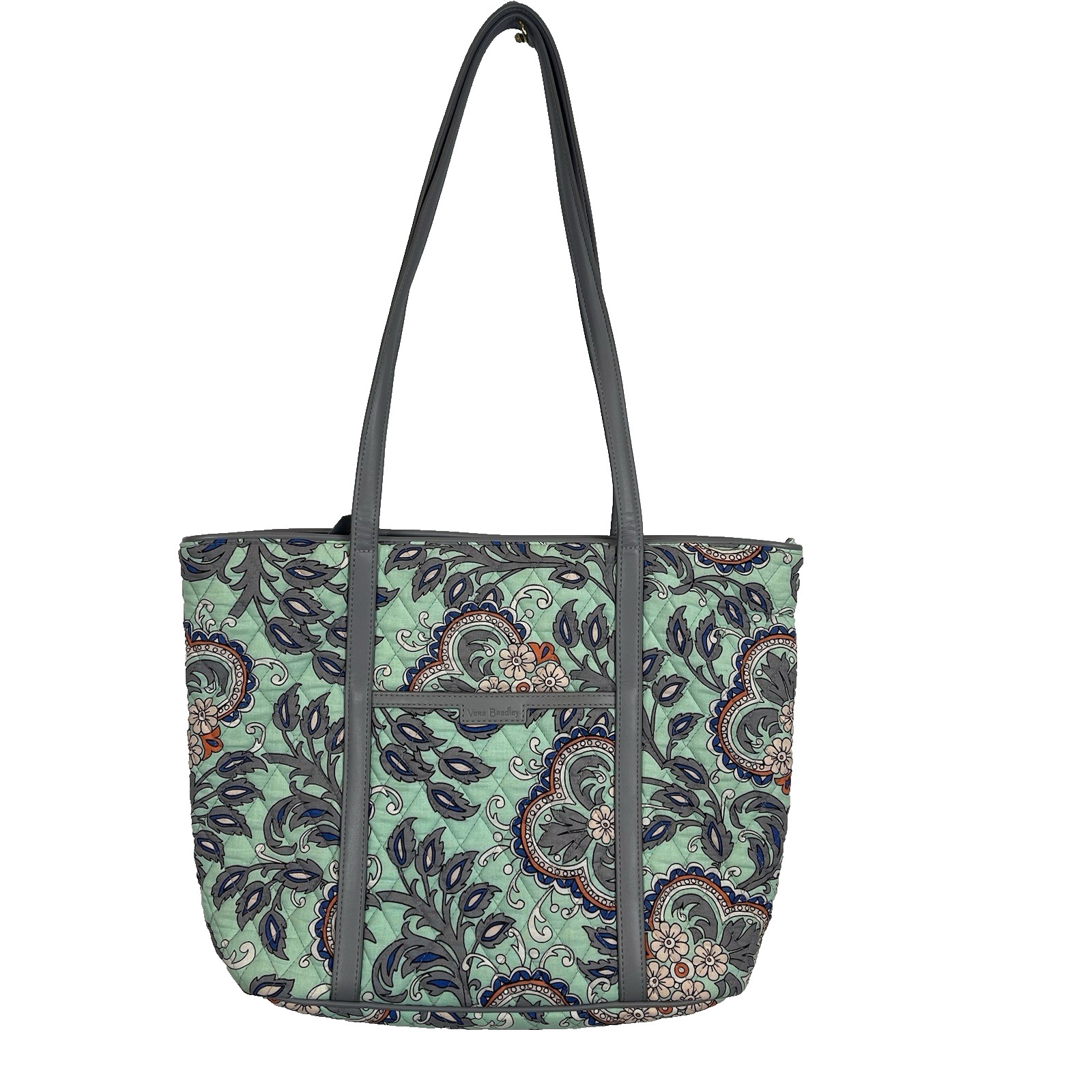 Vera Bradley Floral Green with Gray Leather Strapped Tote Twist Fabric