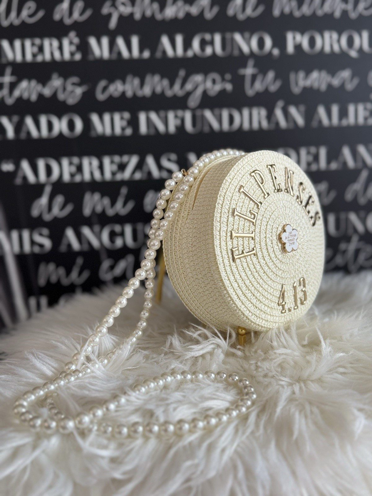 Beige Round Small Crossbody Bag Faux Pearl Strap Zip Gold, Philippians 4:13