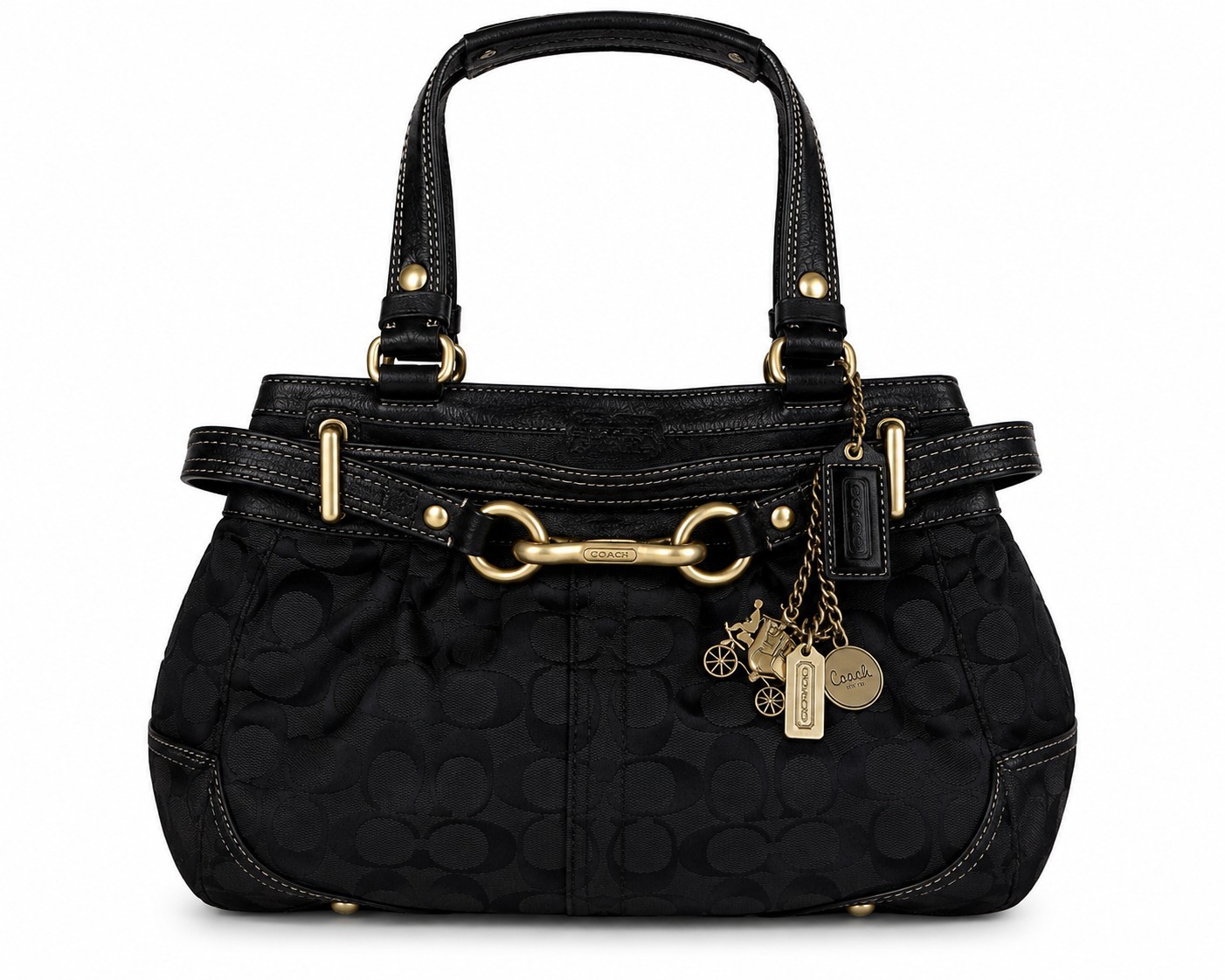 Coach Signature Black Jacquard Leather Trim Satchel Shoulder Bag Horsebit Charm