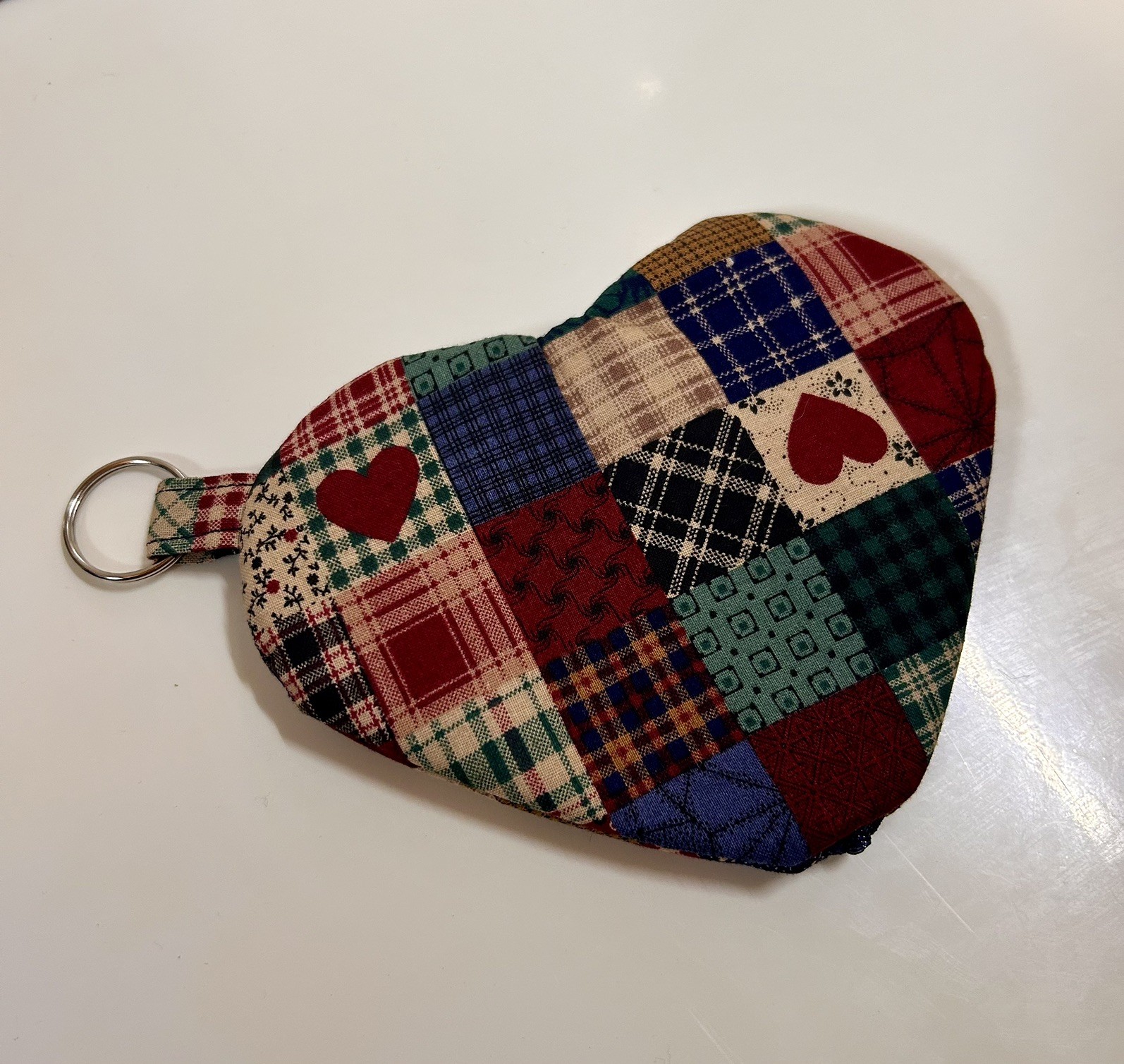 Handmade Hand Stitched Quilted Heart Zipper Pouch Key Chain Purse Charm