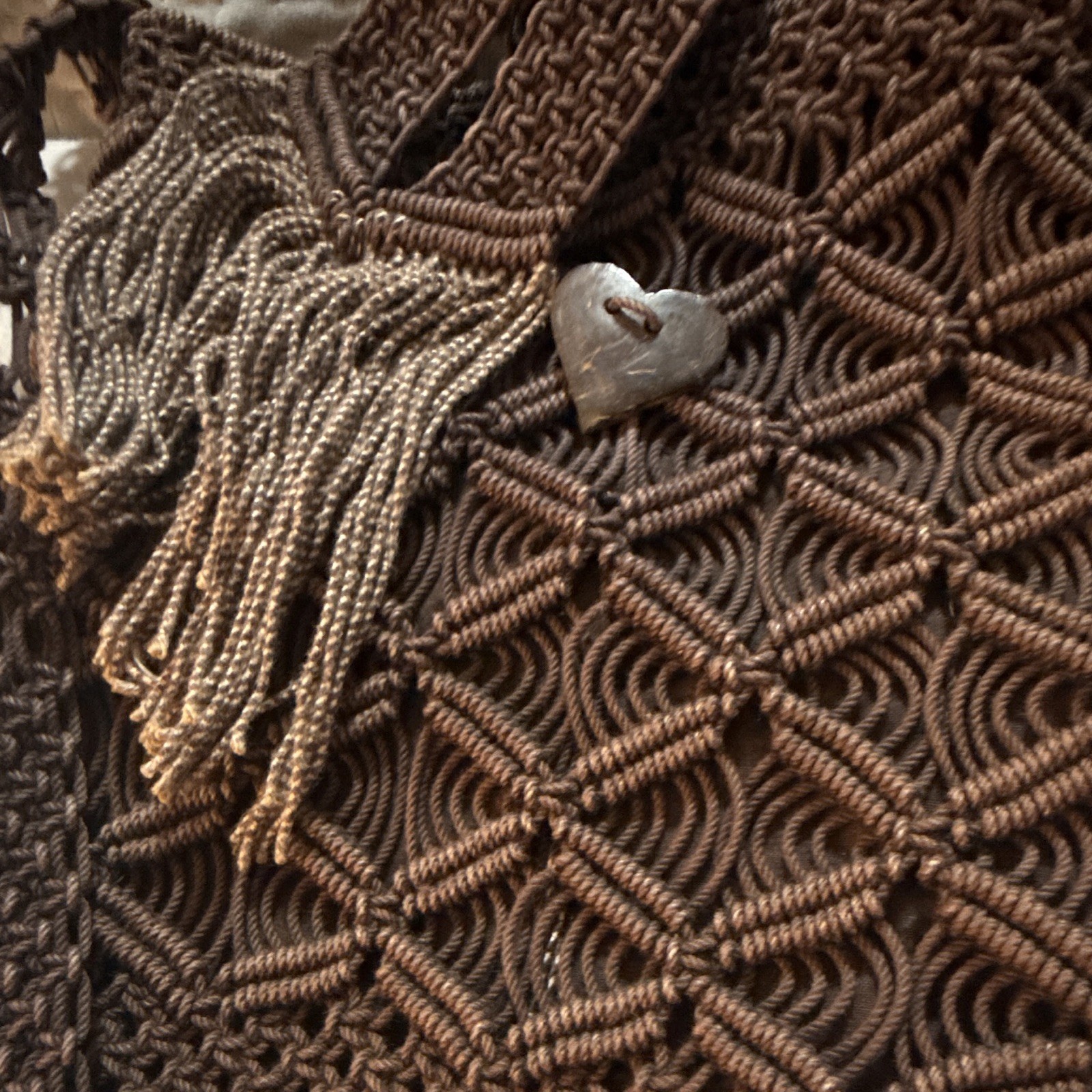 VTG 70s Macrame Fringe Crossbody Bag Brown Handmade Panama Hippie Festival Boho