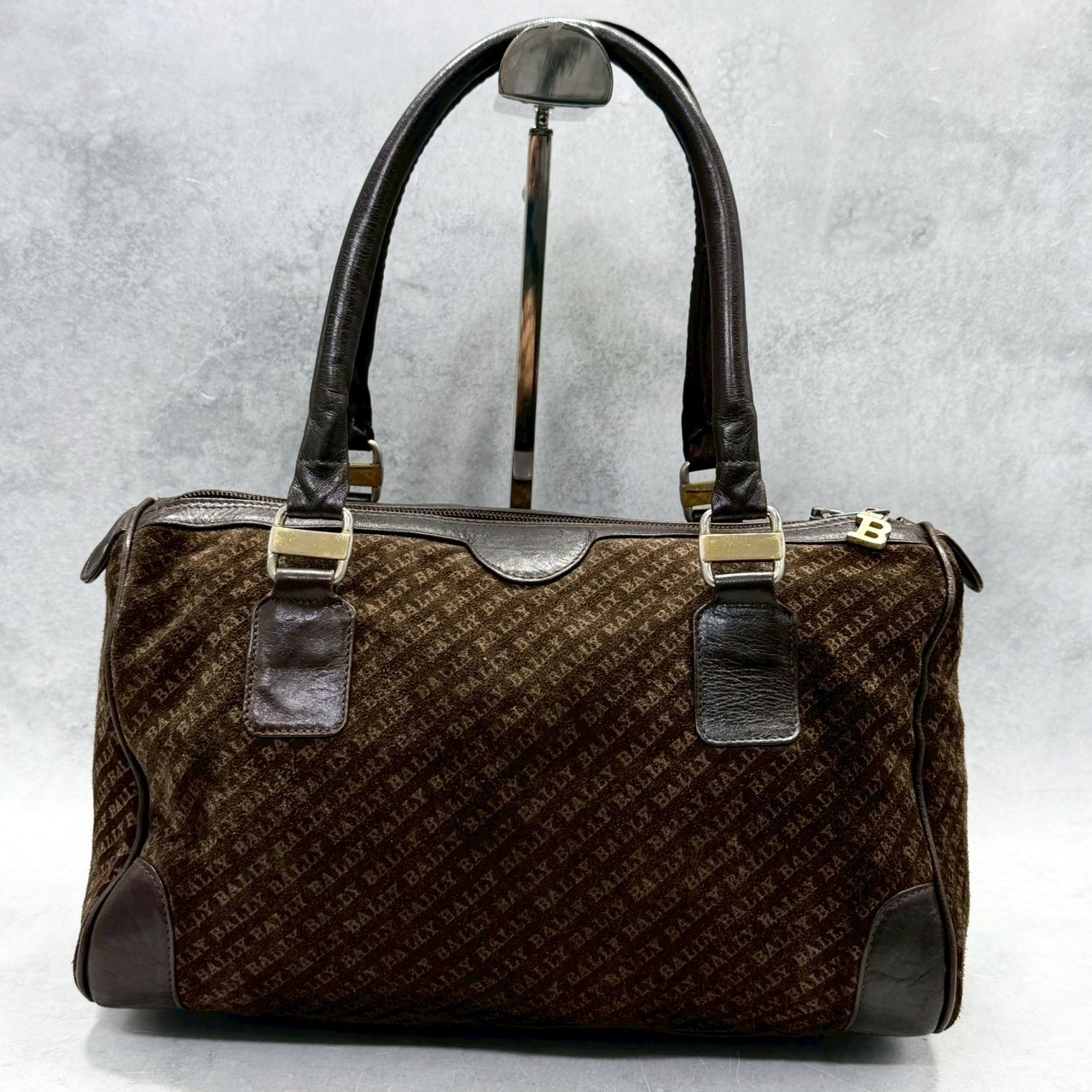 Bally Brown Suede Mini Boston Bag Allover Logo Top Handle Y2K Italy Women Bag