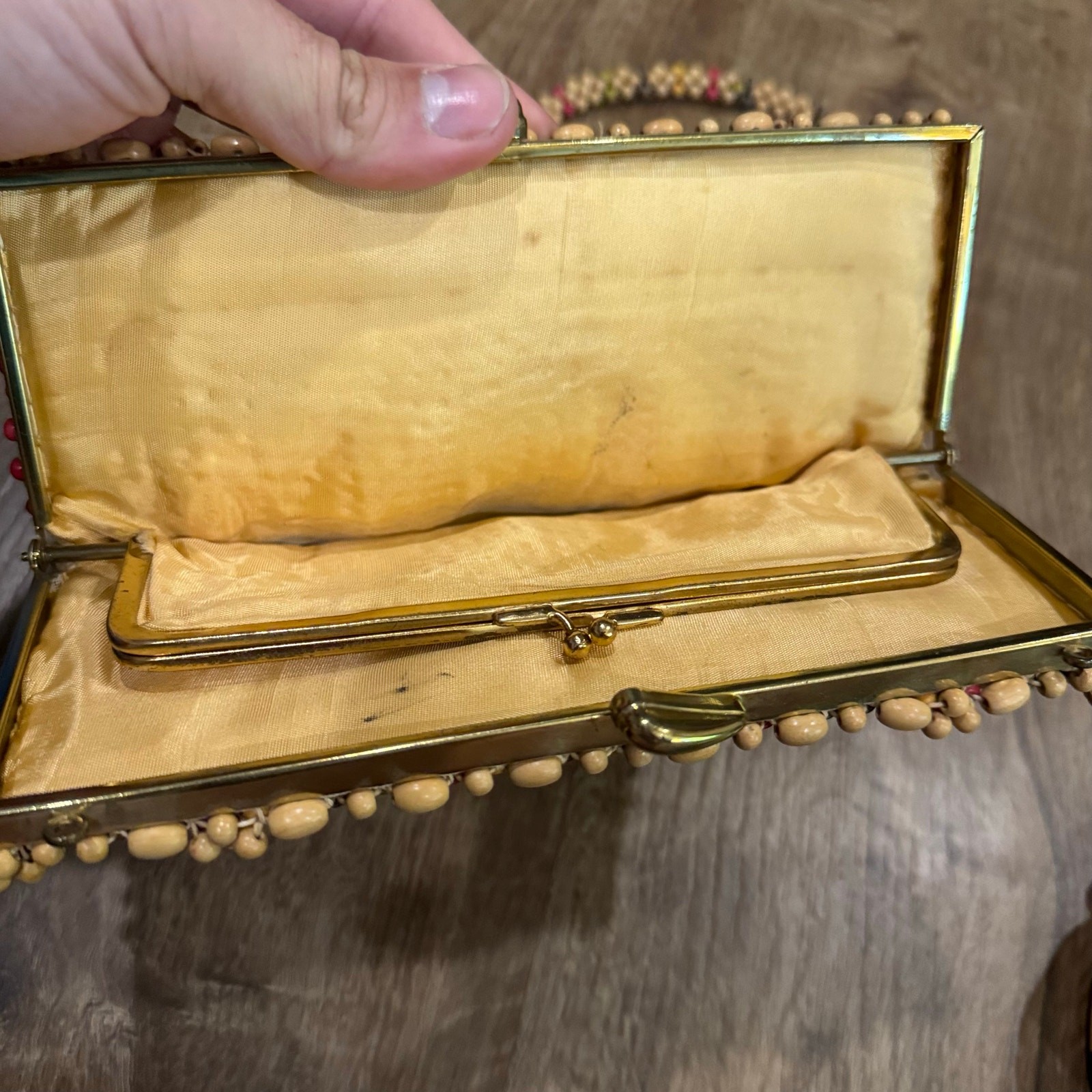 Vintage 1930s? Czech? Rainbow Wood Bead Beaded Clutch Purse w/ Unattached Handle