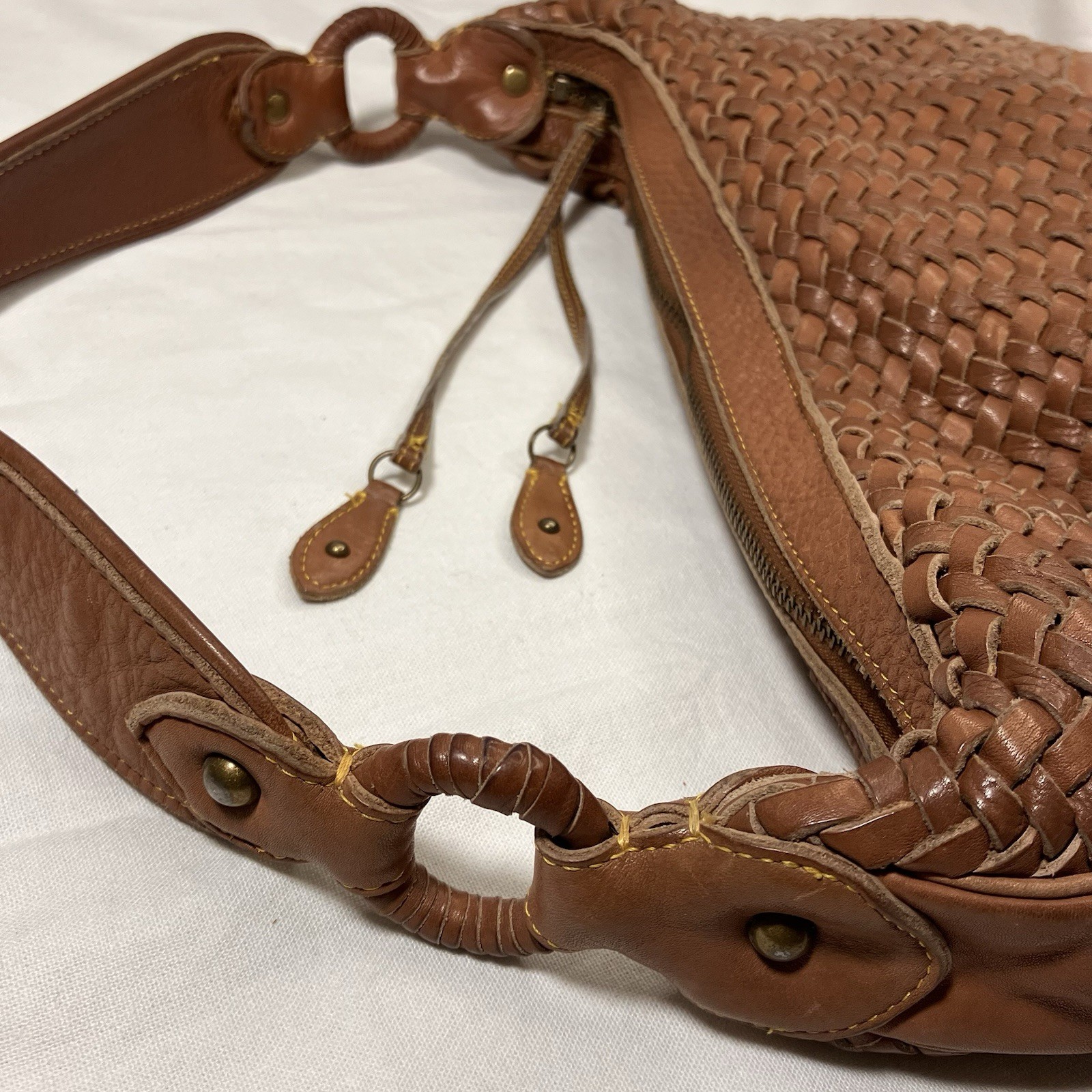 Cole Haan Woven Leather Shoulder Zip Bag Medium Brown