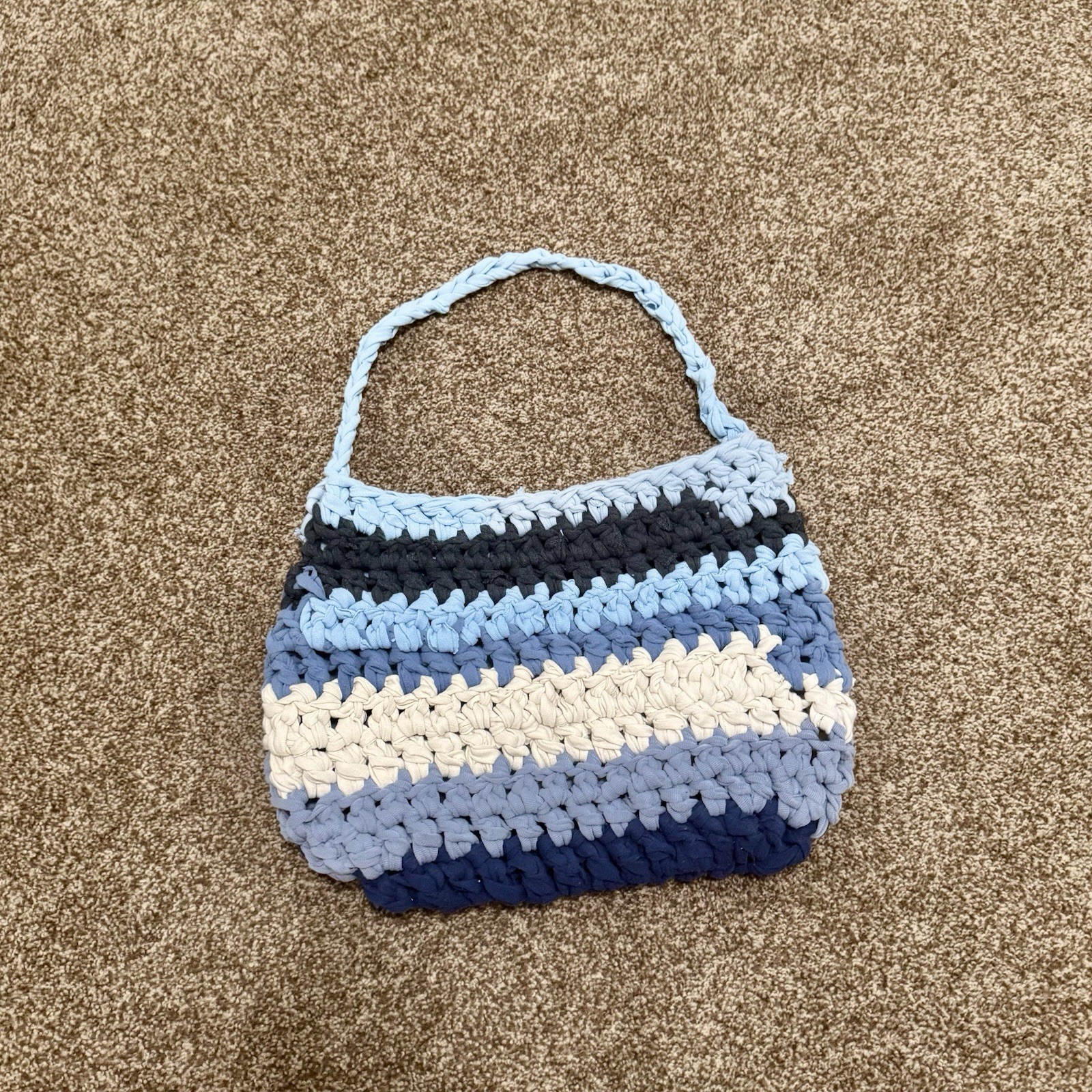 Handmade Chunky Crochet Blue And White T-Shirt Yarn Bag