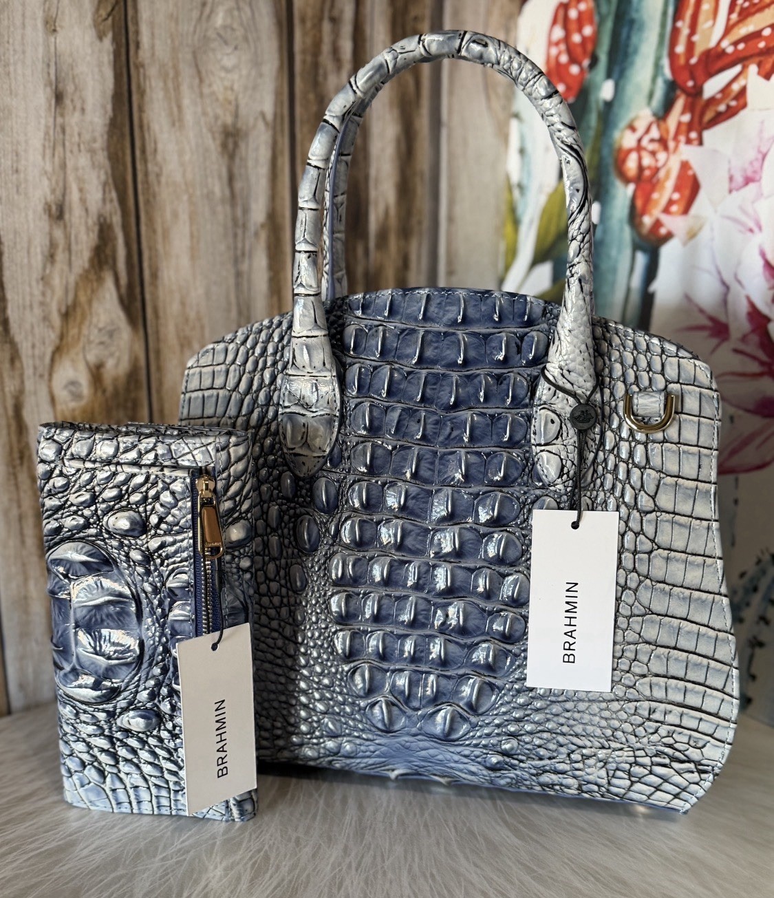 SET 💙 Brahmin Rosetta Bellbottom Blue Ombre Leather Satchel and wallet NWT