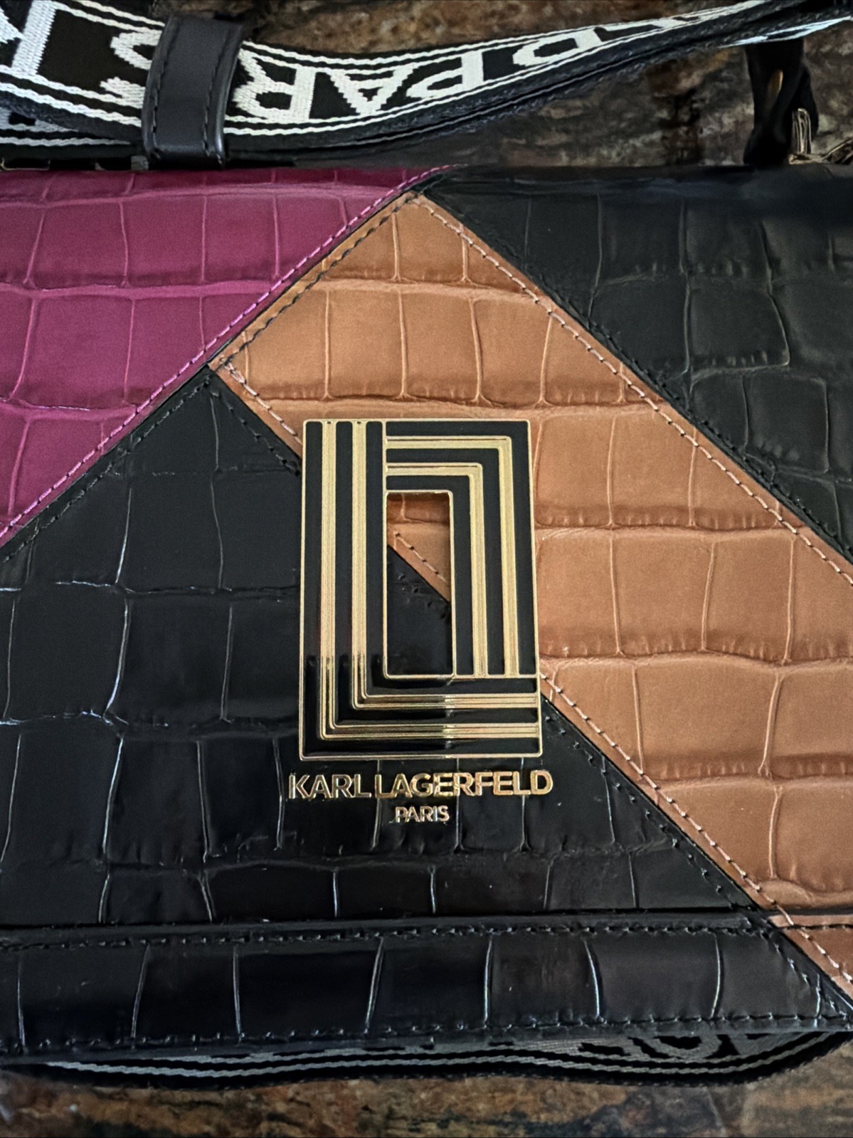 Karl Lagerfeld Paris Leather Colorblock Black Multi Top Handle Crossbody Purse