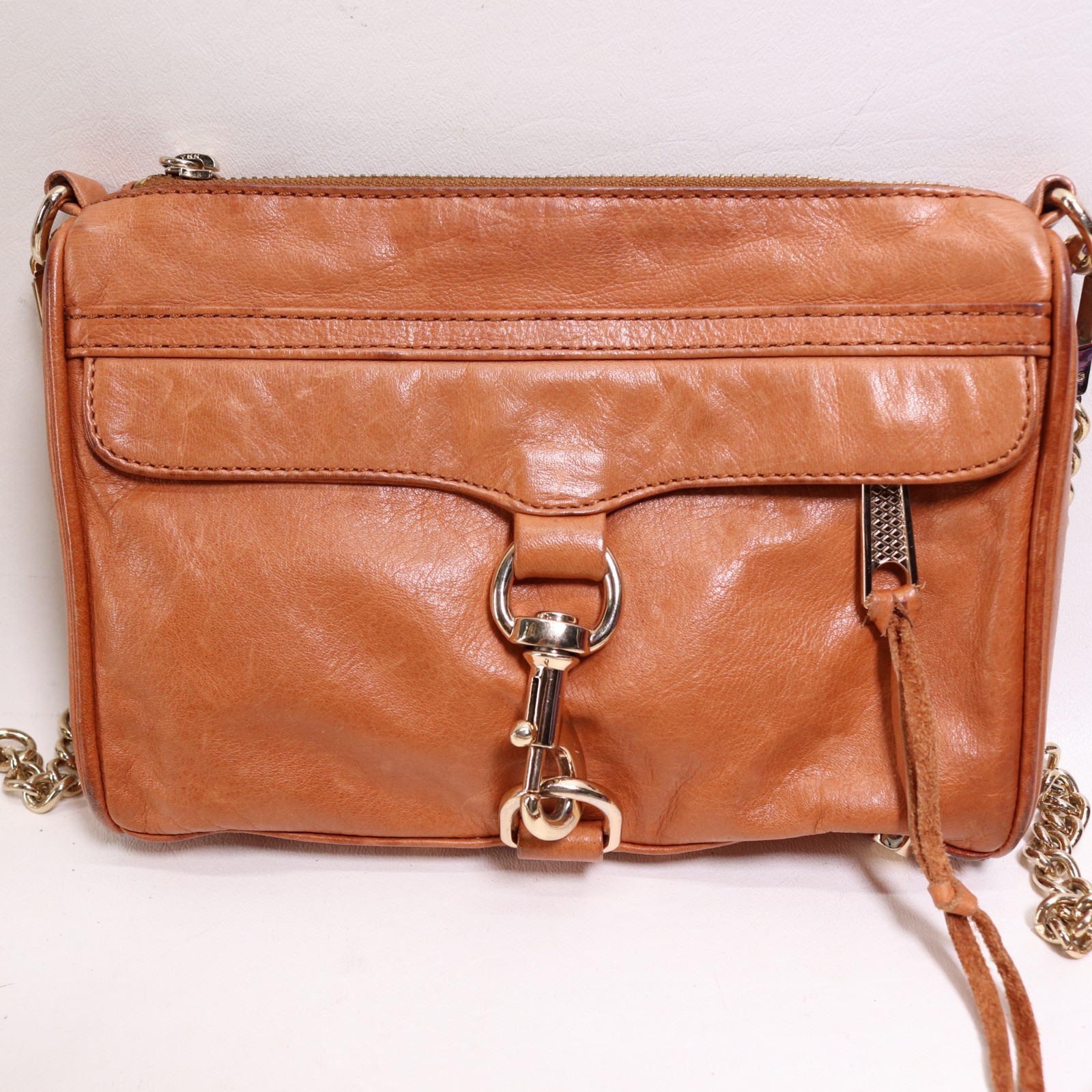 Rebecca Minkoff Mini Mac Handbag Brown Leather Purse Lined Chain Stud Strap