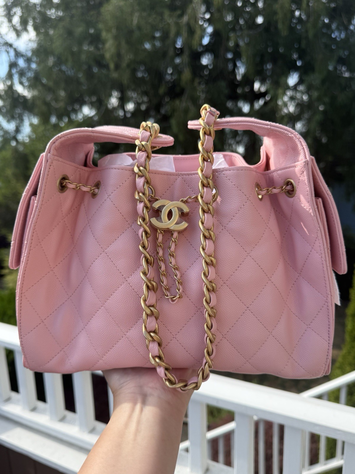 Auth BNIB Chanel 25 Hobo Bag Small Pink Caviar Leather Antique Gold hardware