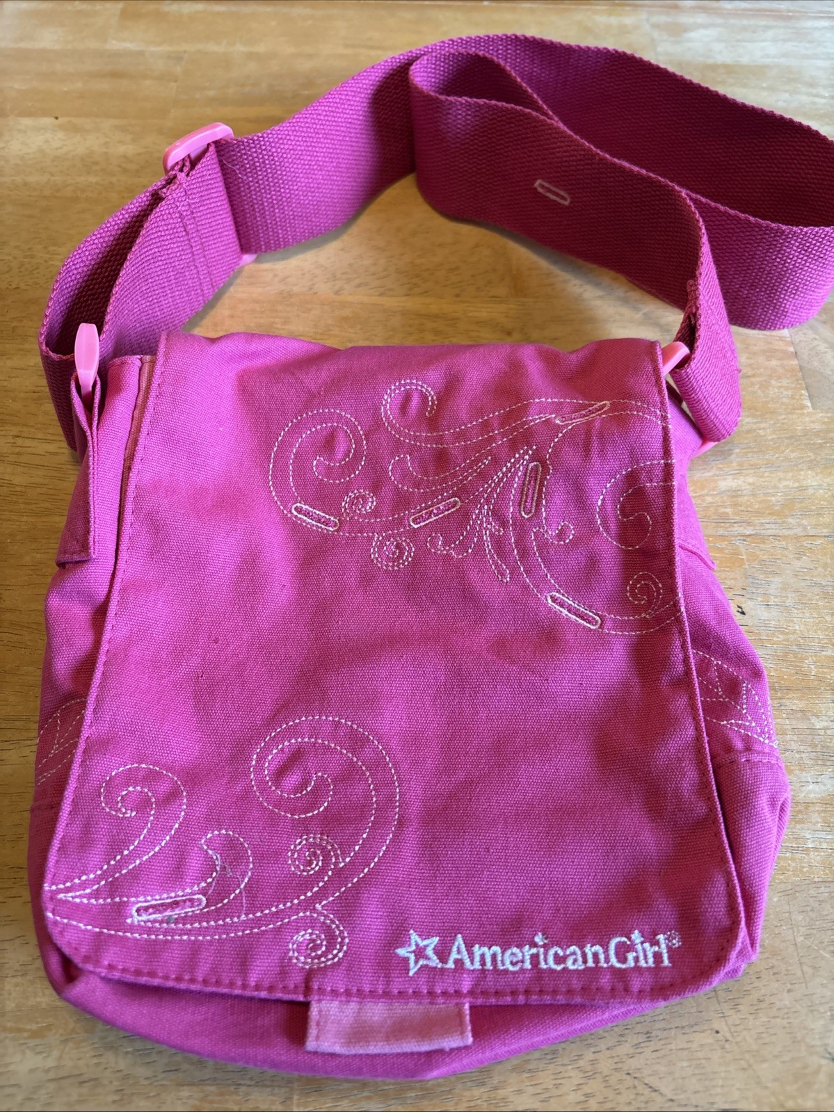 American Girl Crossbody Bag Purse Hot Pink 2015 Embroidered Adjustable Strap
