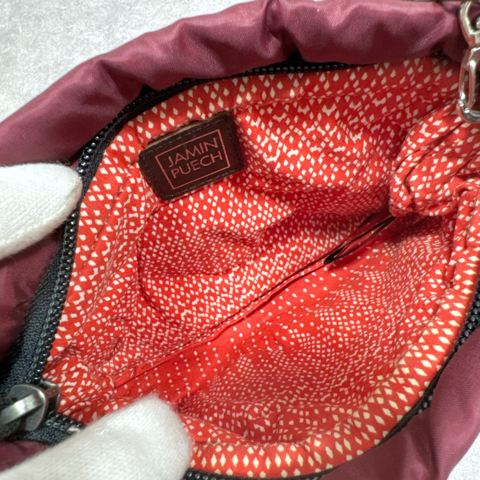 JAMIN PUECH Quilted Beaded Mini Handbag Pouch Burgundy Nylon Floral Design