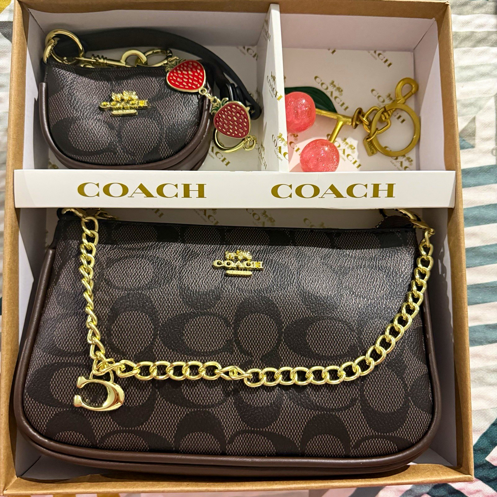 Brown Signature Logo Shoulder Bag Chain Strap Zip Strawberry Charm