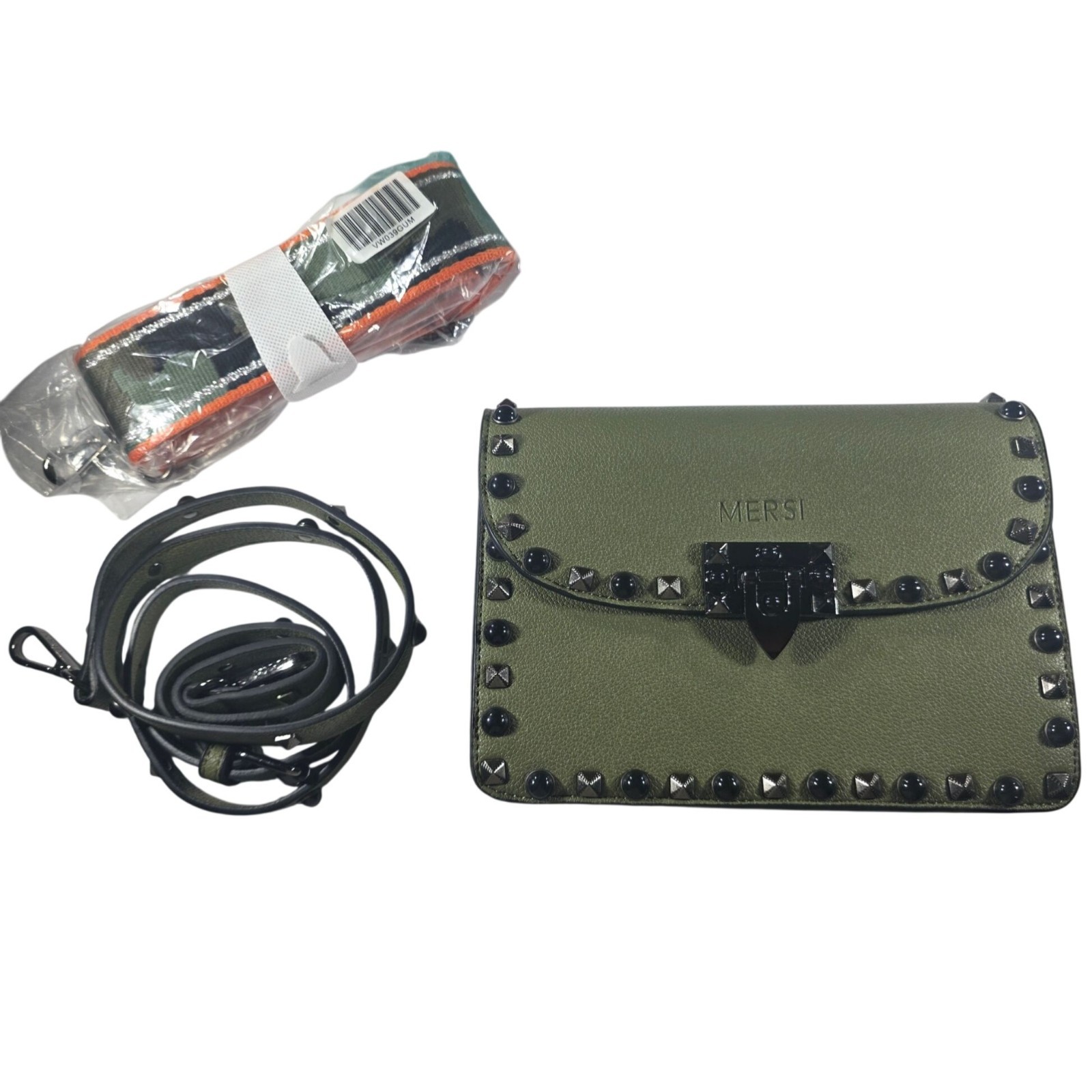Mersi Olive Green Crossbody Bag Studded Detailing Two Adjustable Straps Purse