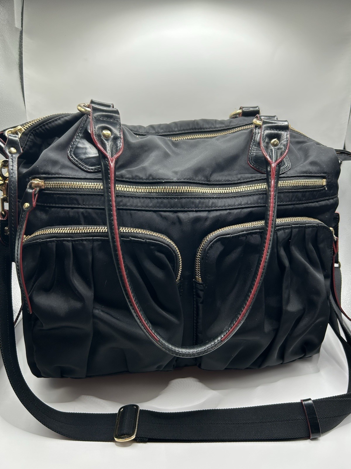 MZ Wallace Black Satchel Top Handle Zip Bag Red Lining Gold HW Strap Pouch