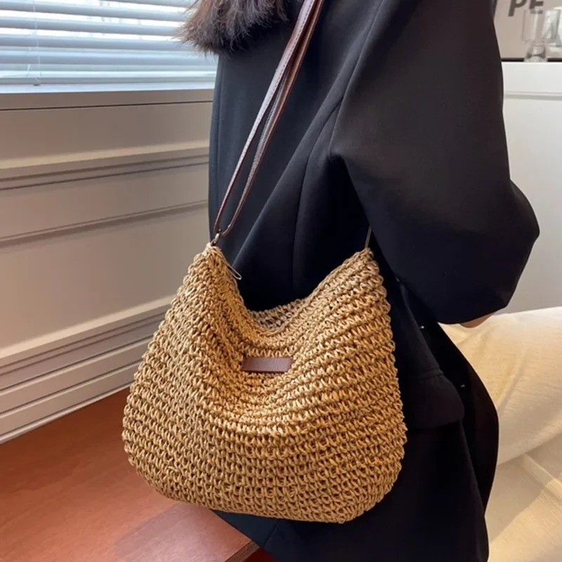 Women Straw Crossbody Bag Summer Beach Woven Shoulder Handbag Purse