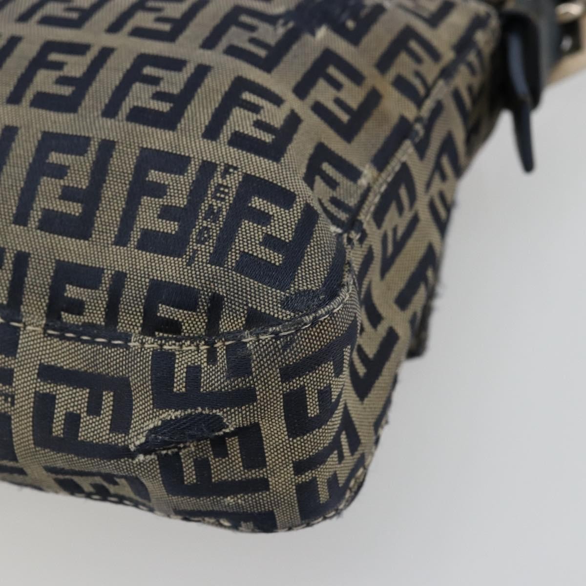 FENDI Zucchino Canvas Mamma Baguette Shoulder Bag Navy Silver Auth bs34528