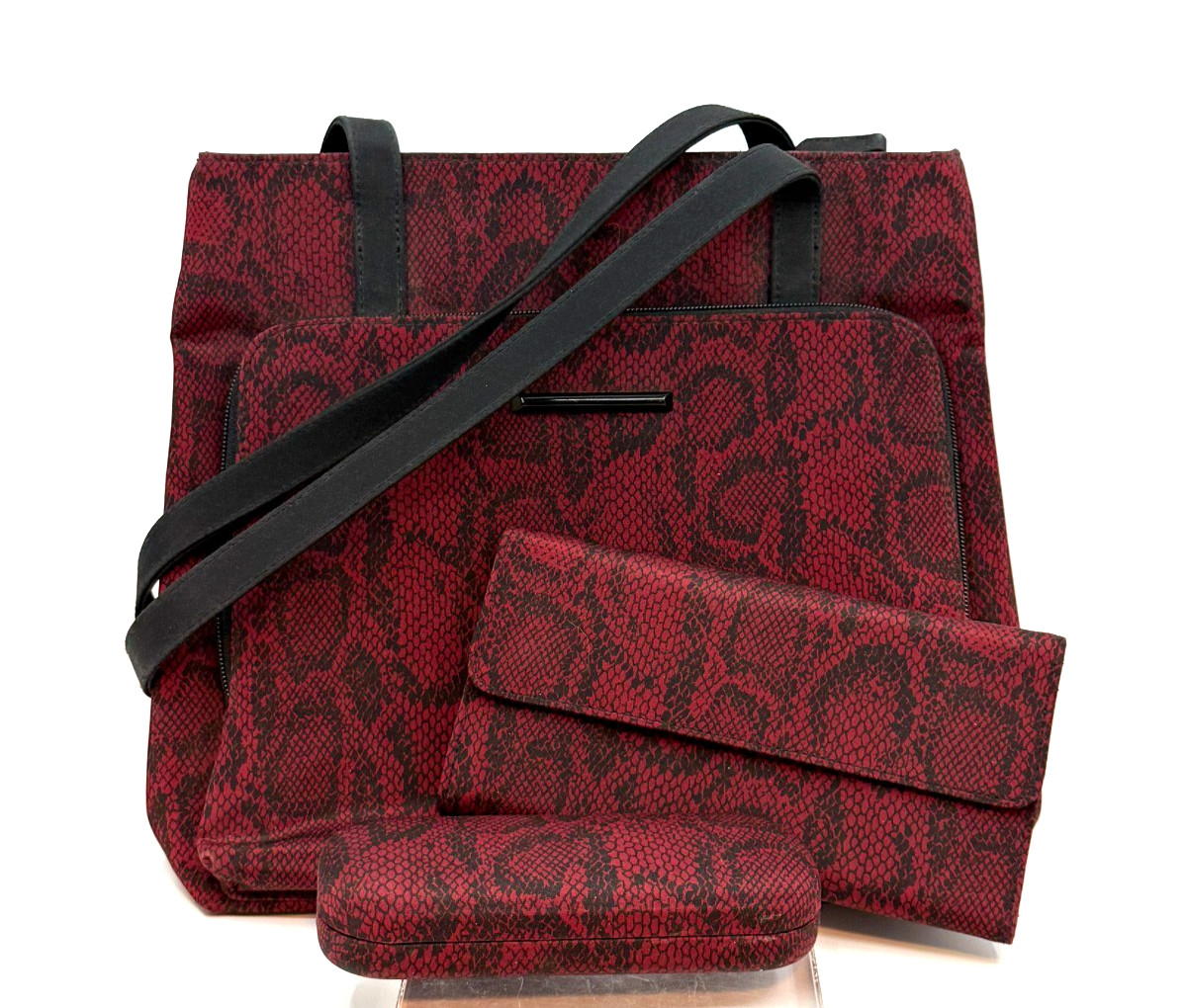 Worthington TotalTote Bag Purse Snakeskin Print Red Black w/Accessories VTG