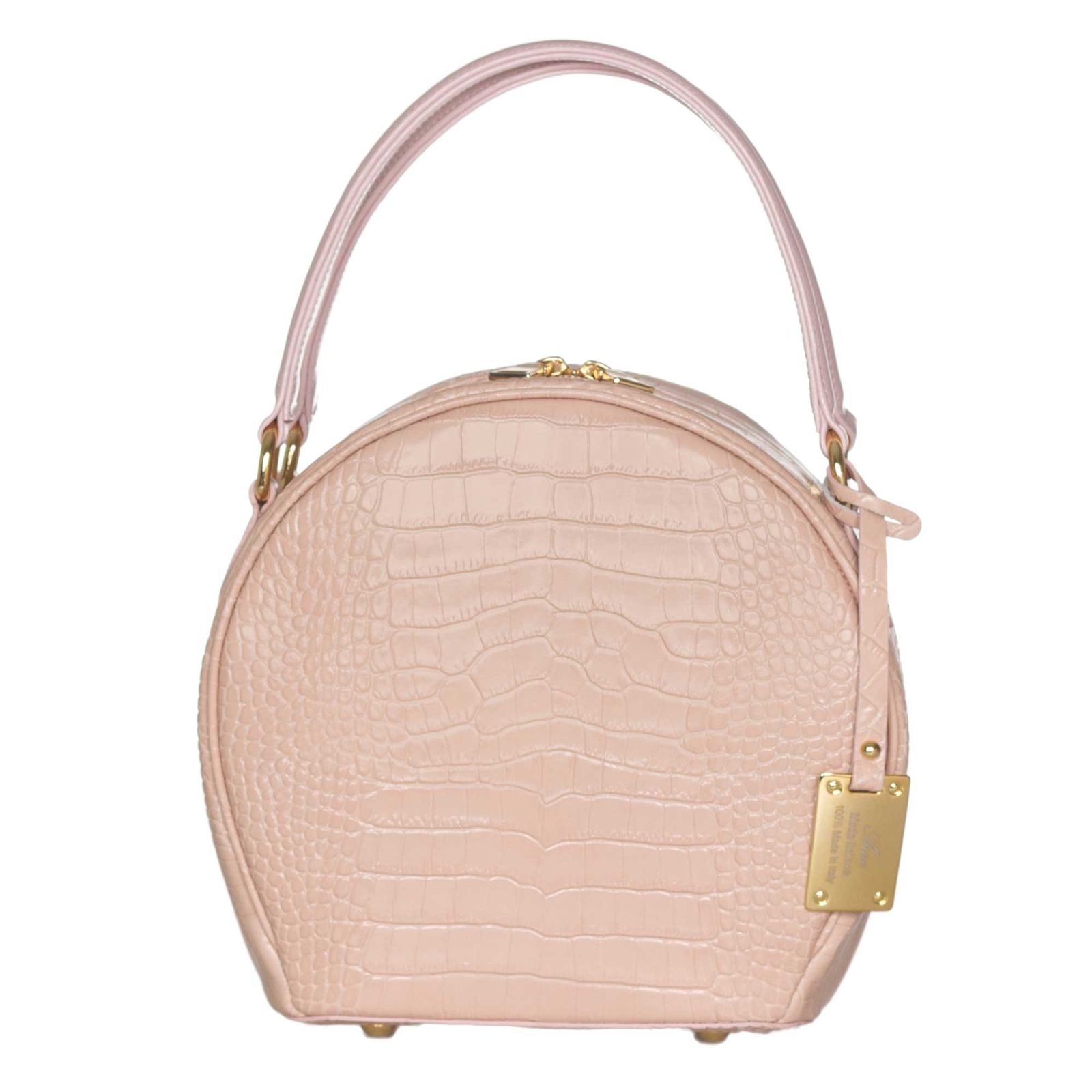 AURA Italian Made Pink Crocodile Embossed Leather Medium Round Tote Handbag