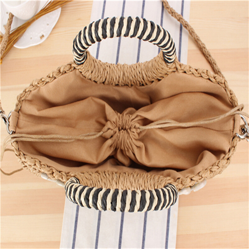 Womens Simple Semicircle Straw Handbag Shell Decoration One-shoulder Beach Bag