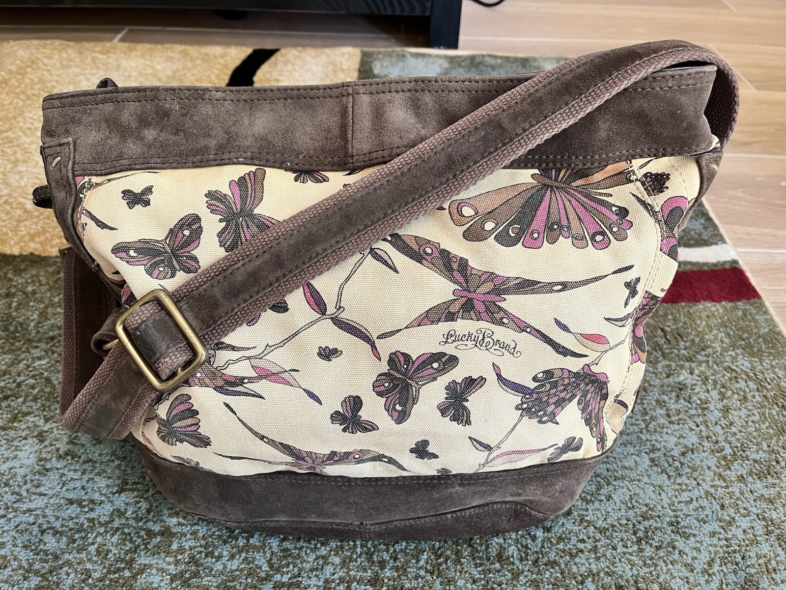 LUCKY BRAND Runaway Carryall Canvas Suede Leather Hobo Crossbody Shoulder Bag XL