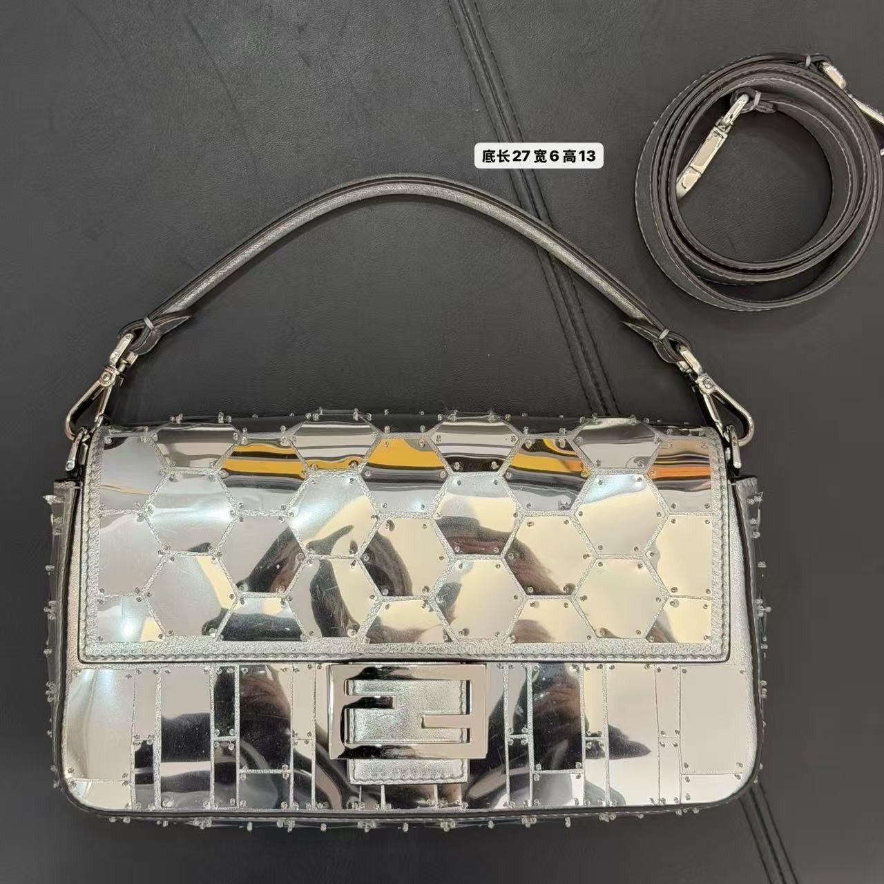 AUTH Fendi Baguette Silver Mirror Geometric Studded Leather Silver Hardware