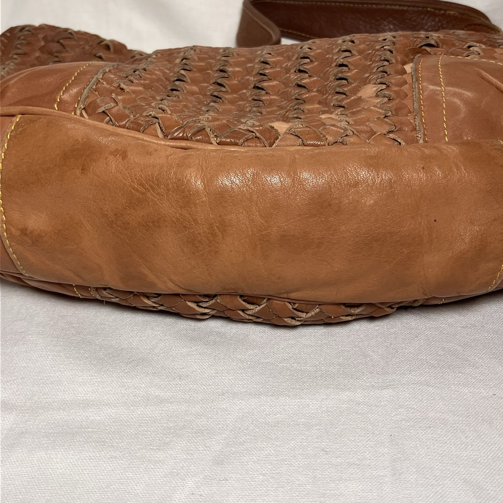 Cole Haan Woven Leather Shoulder Zip Bag Medium Brown