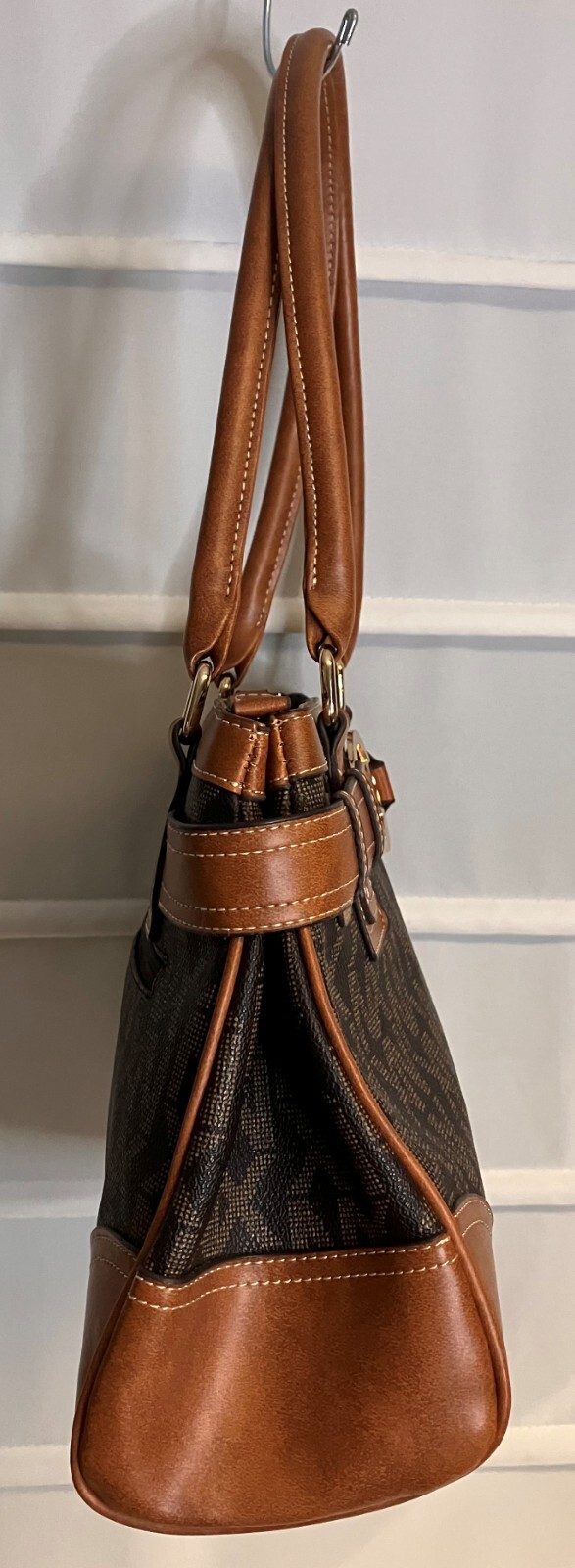 NX Monogram Logo Camel Tan Brown Double Handle Faux Leather Handbag NWOTS!