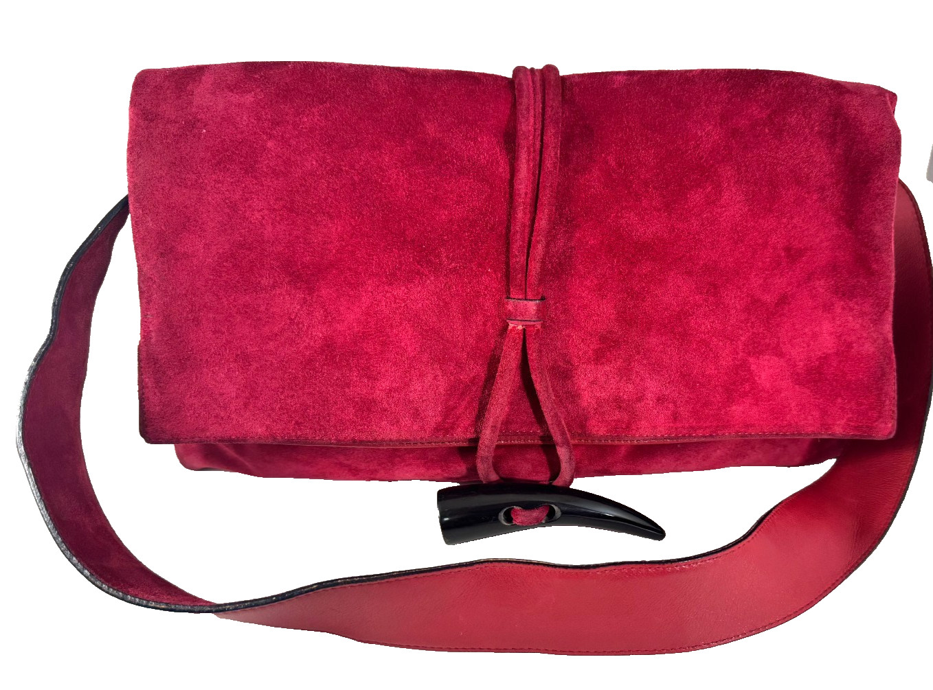 BURBERRY HAYMARKET SHOULDER BAG HANDBAG RED SUEDE LEATHER BLACK HORN TOGGLE NICE