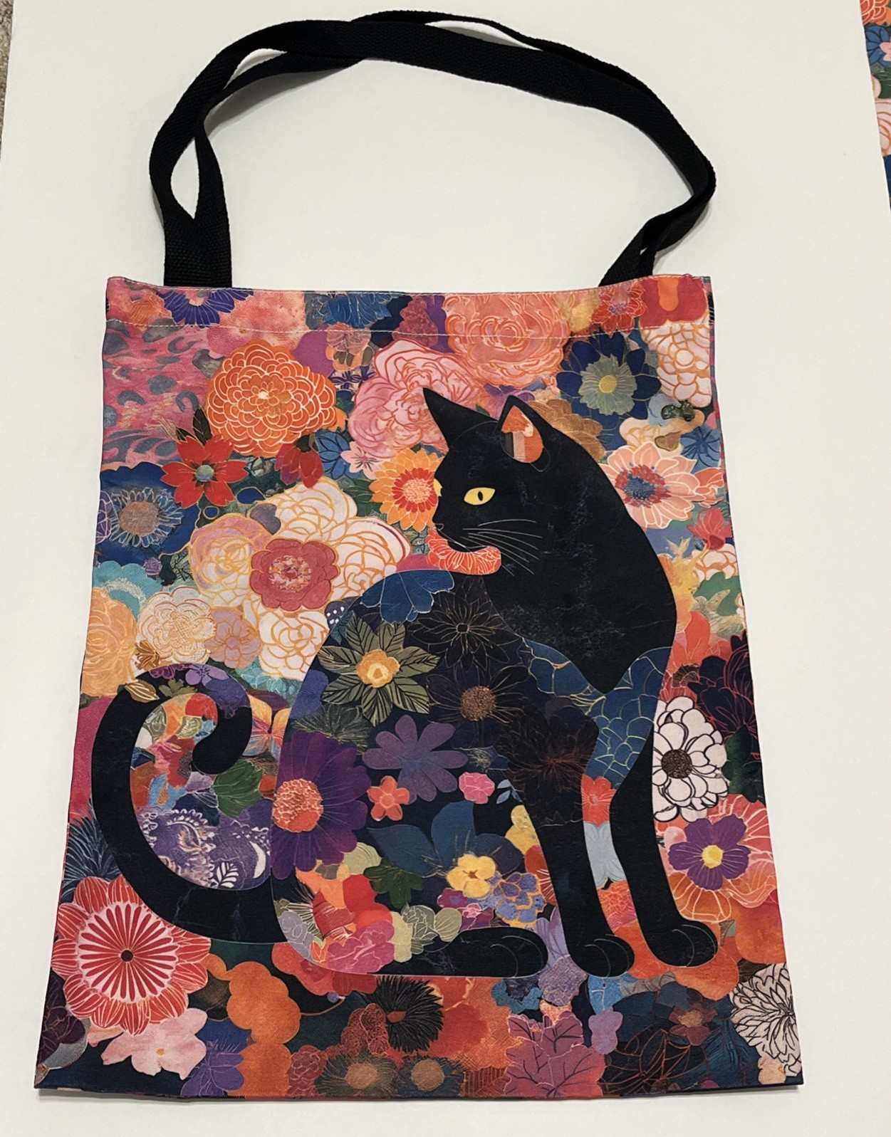 Floral Black Cat Nylon Tote Bag – Lightweight Shoulder Shopping Bag NEW