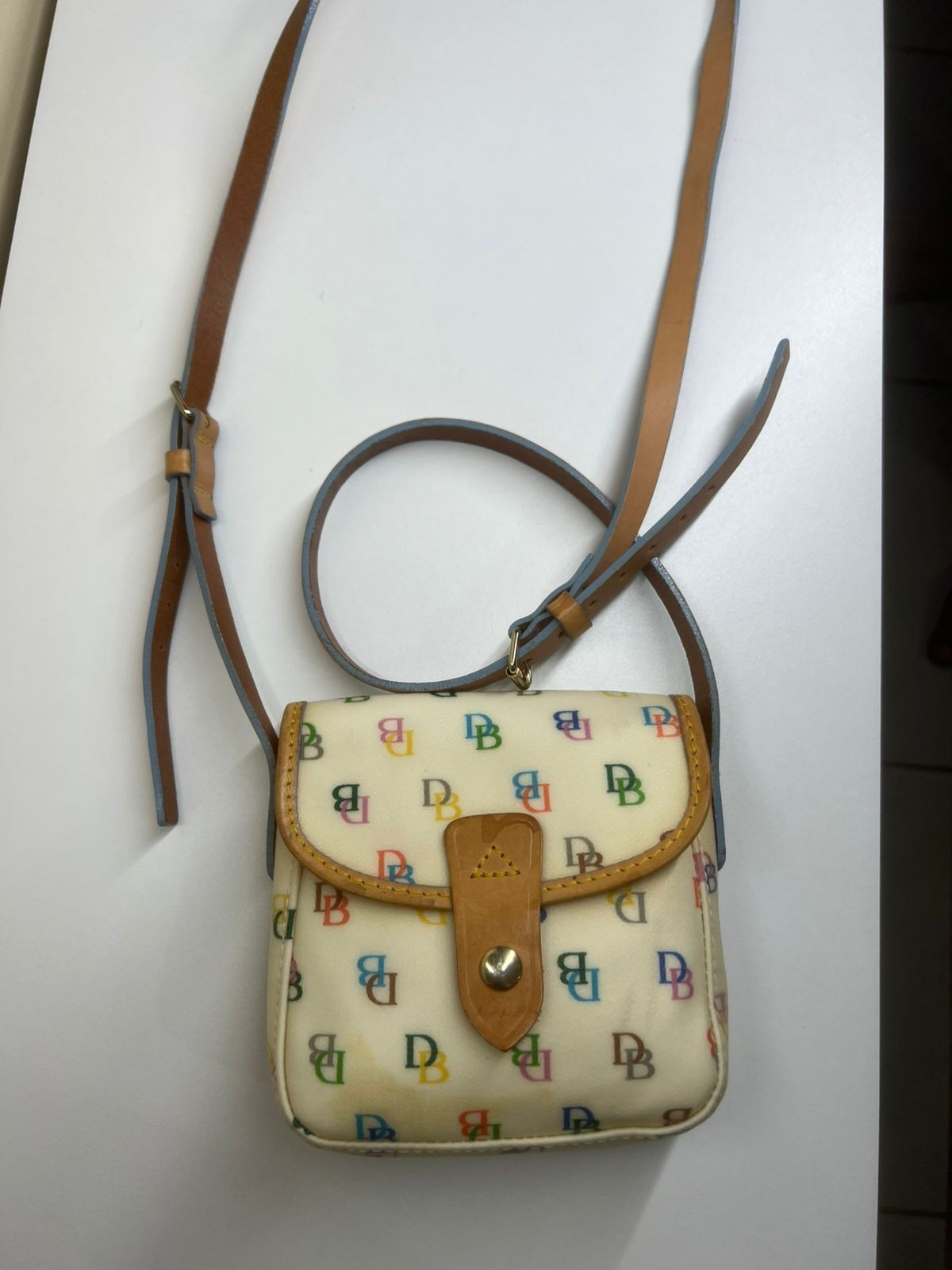 Dooney & Bourke Monogram Small Crossbody Bag Ivory Multicolor Brown Strap