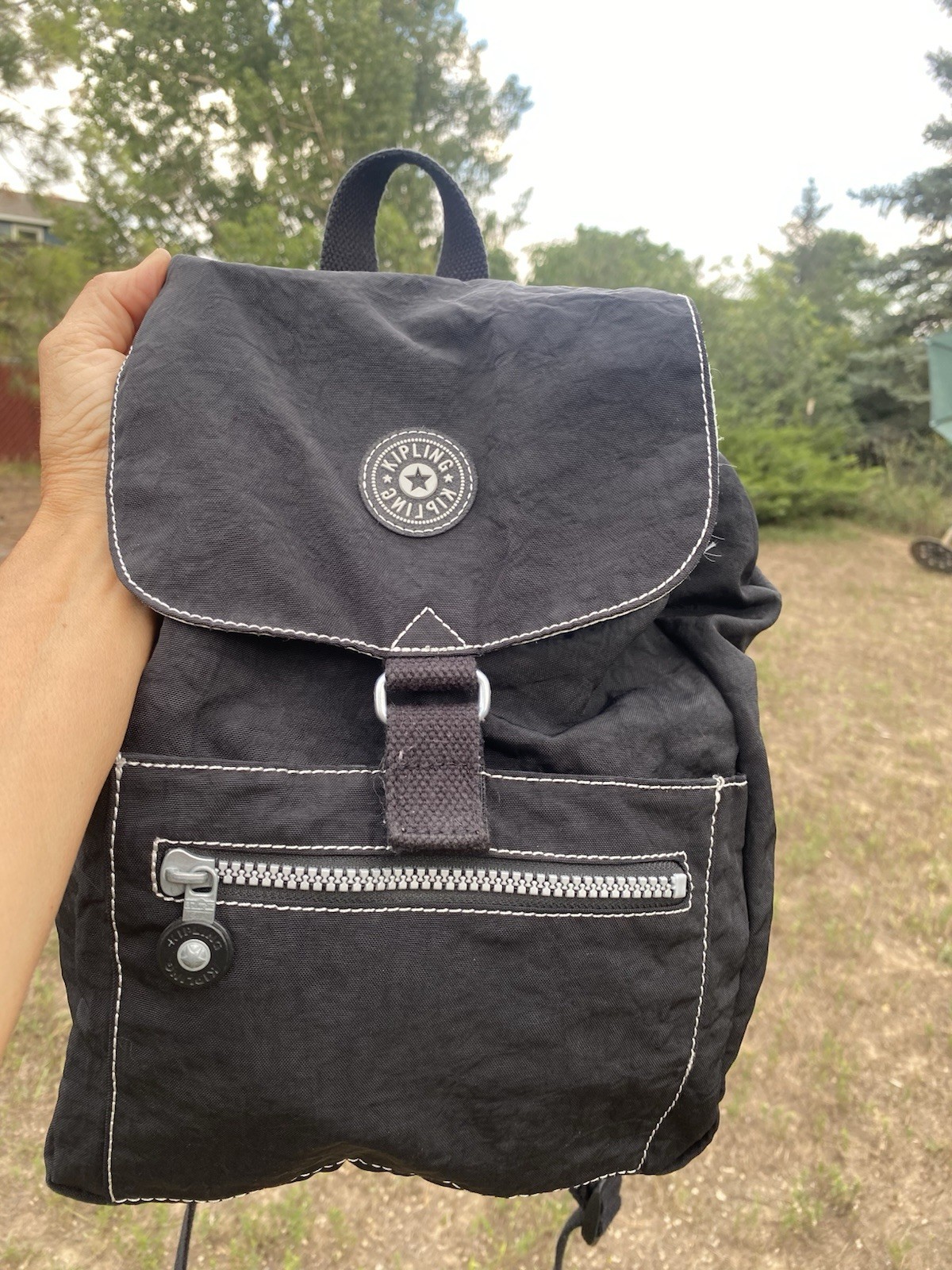 Kipling Keeper Black Crinkle Backpack Bookbag Drawstring Hook & Loop VGC