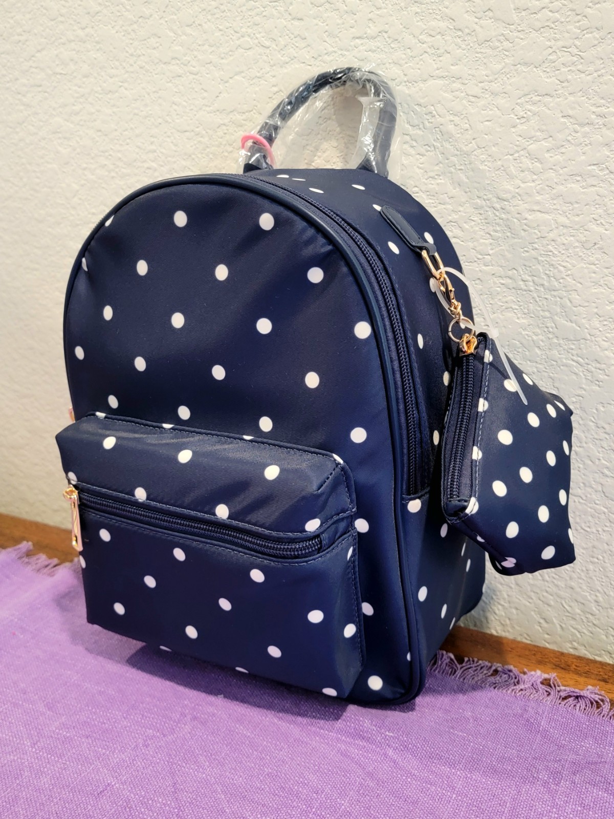 Like Dreams Mini Backpack And Coin Purse – Navy Blue With White Polka Dots