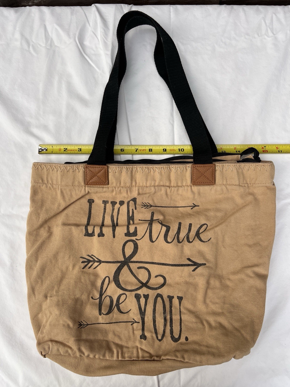 Thirty-One Tan Canvas Tote Bag Zip Top Double Handles Inner Zip Pocket