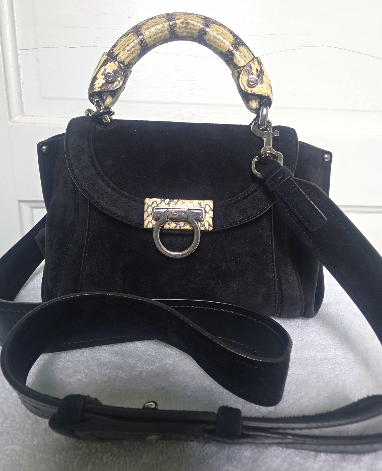 Salvatore Ferragamo Black Satchel Python Top Handle Turn Lock w/ Strap & COA