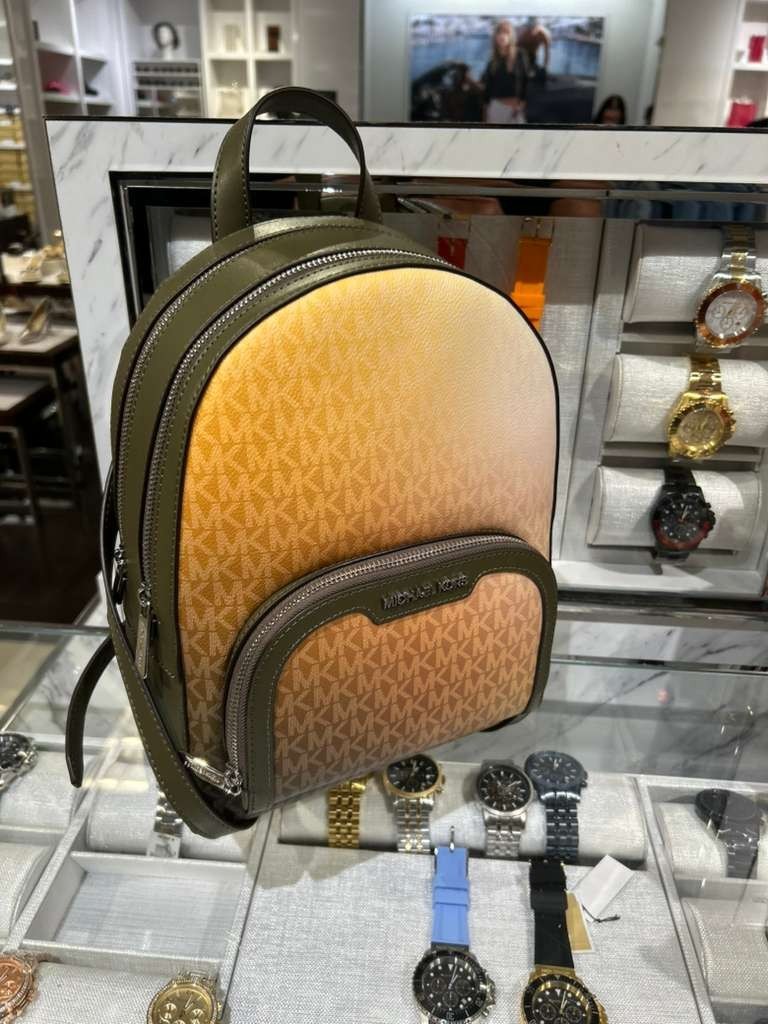 Michael Kors Jaycee Women Medium MK Logo Zip Pocket Backpack Olive Multi