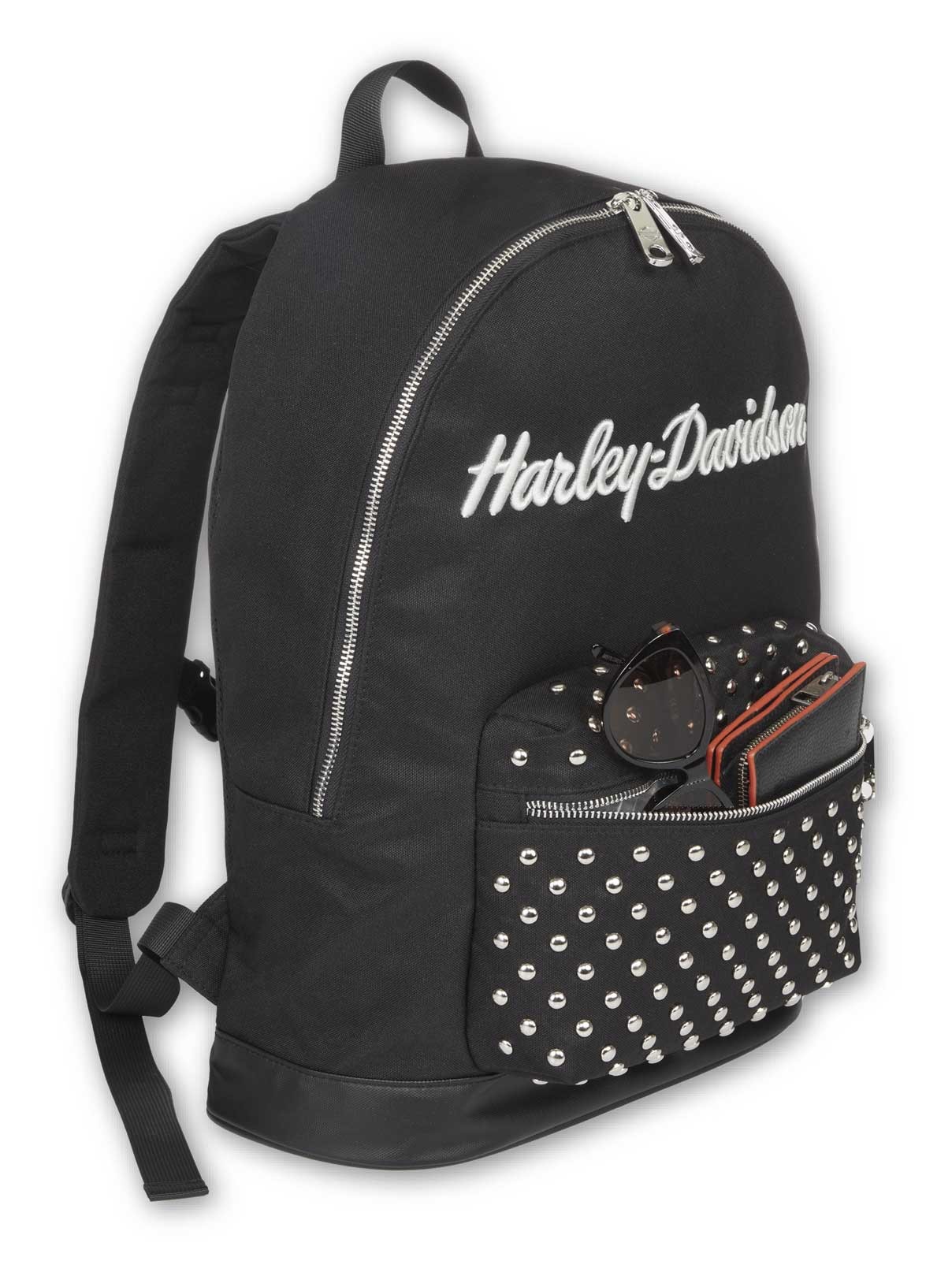 Harley-Davidson Women’s Classic Studded Backpack, 3D Embroidered Logo – Black