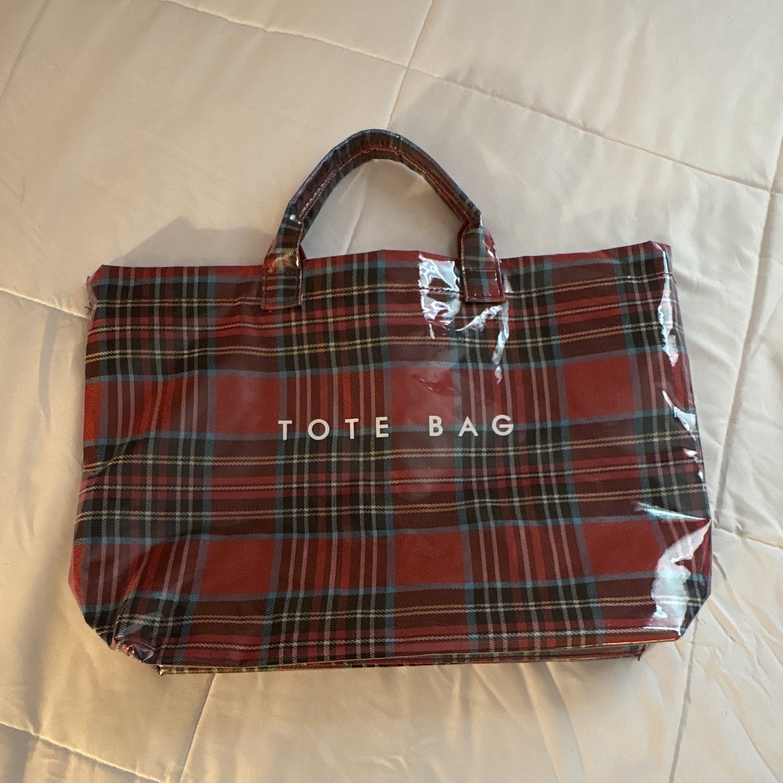 Red Plaid Tote Bag with Zip Closure, Top Handle, Inner Pockets & Beige Lining