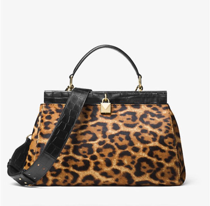 MICHAEL KORS Gramercy Leopard Calf Hair Frame Top Handle Satchel -Butterscotch