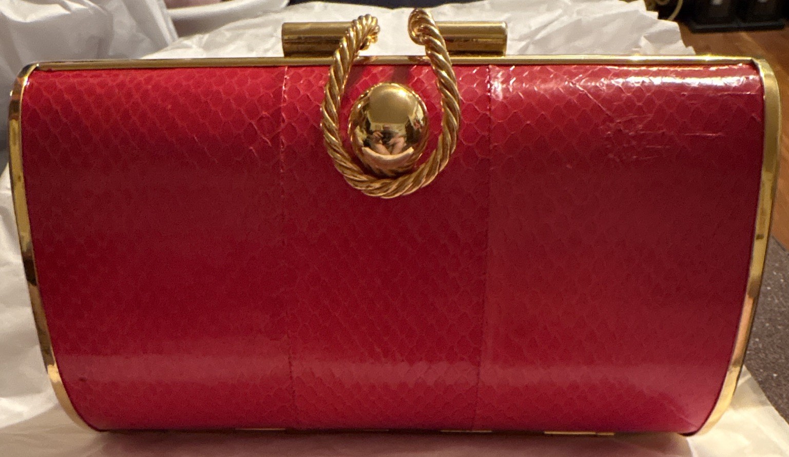 Red Snakeskin? LeatherClutch Glossy Gold Tone Frame Chain Strap Snap Close Lined