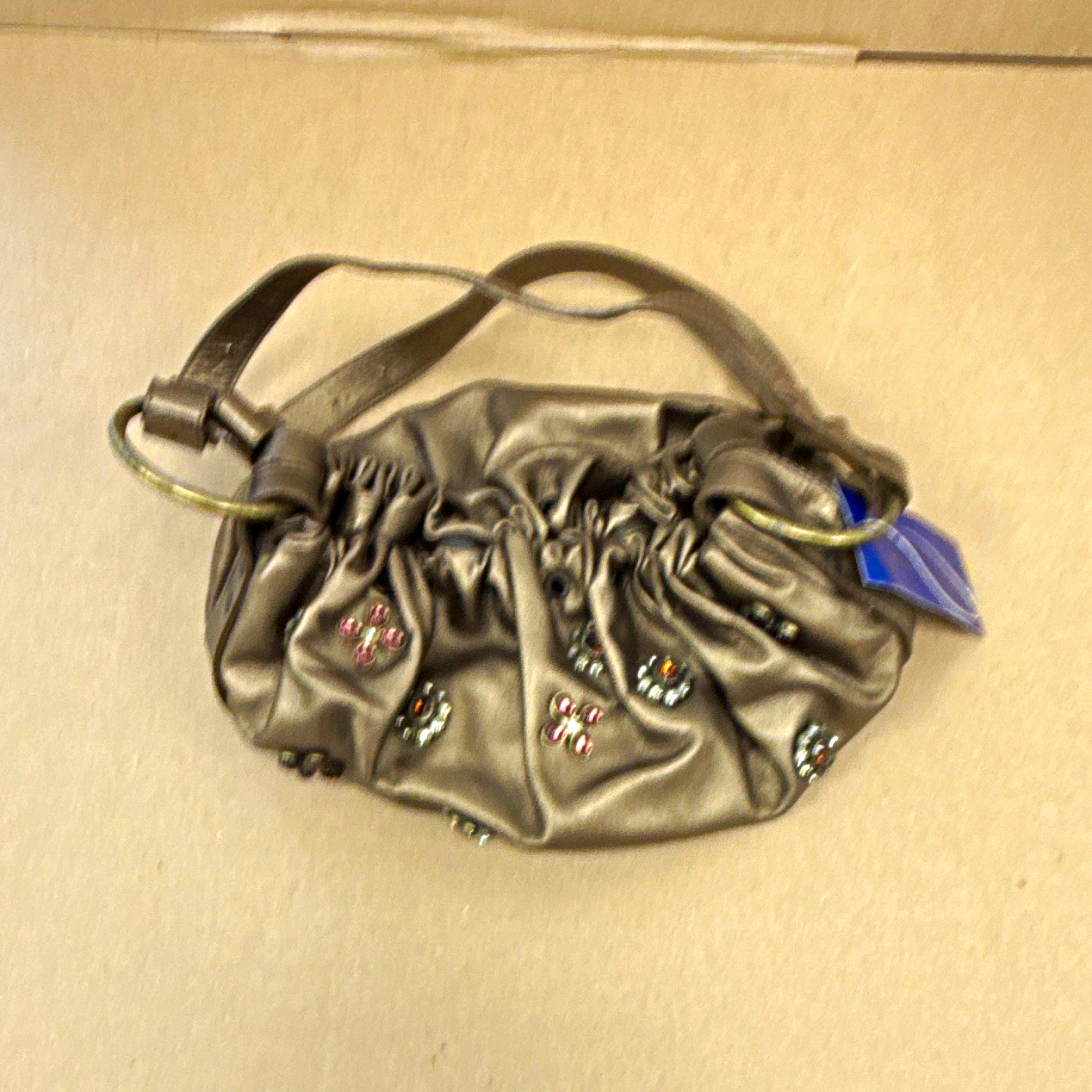 Stuart Weitzman Bronze Metallic Small Shoulder Bag Drawstring Beaded Studded