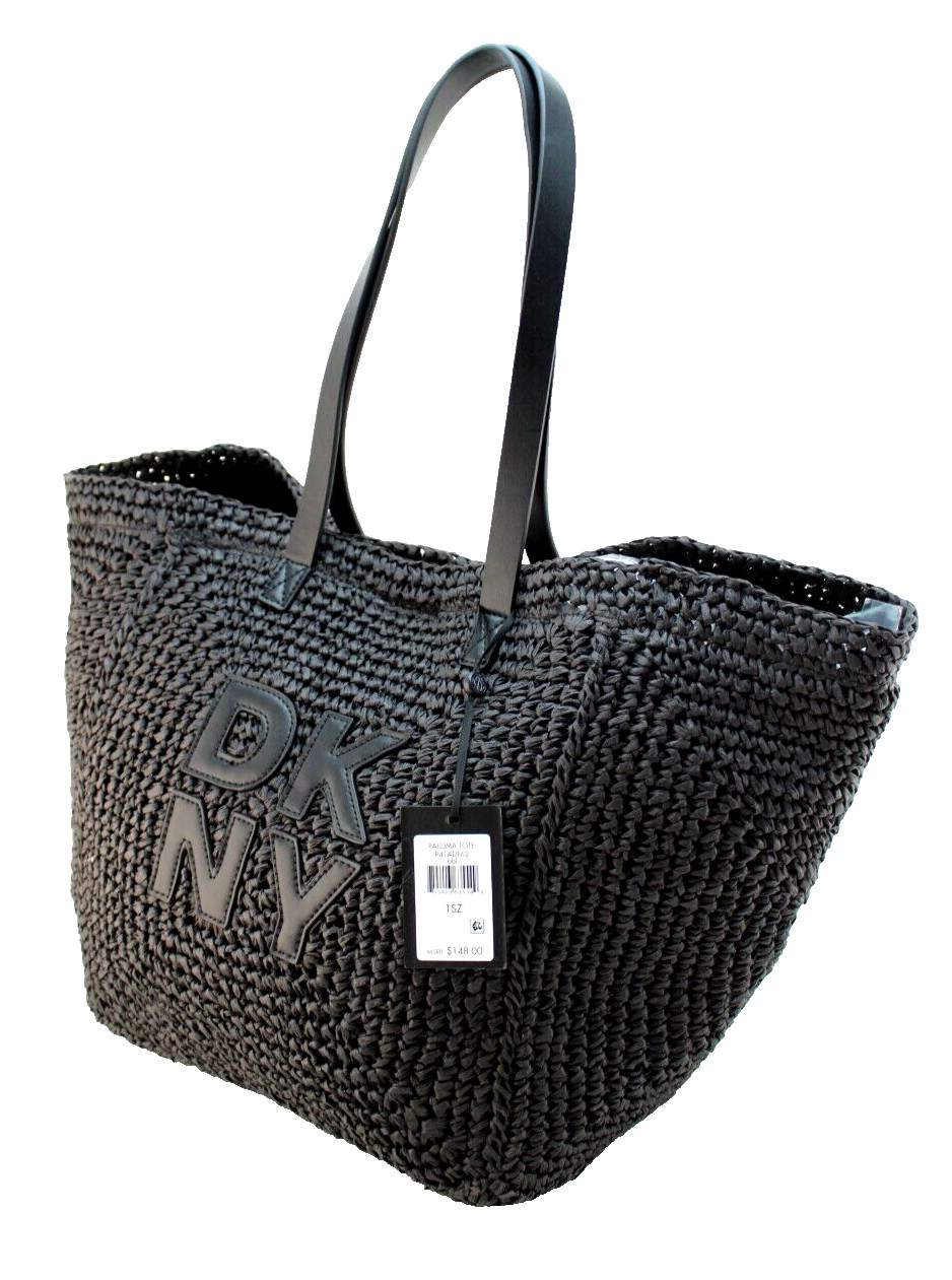 New DKNY Paloma Black Natural Weave with Stitched Logo Large Tote Bag MSRP $148