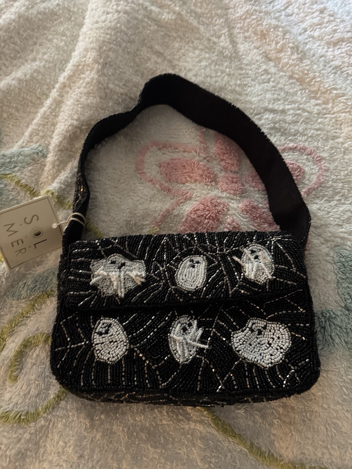 NWT Sol & Mer Halloween Ghost Beaded Shoulder Bag Purse Black White VIRAL
