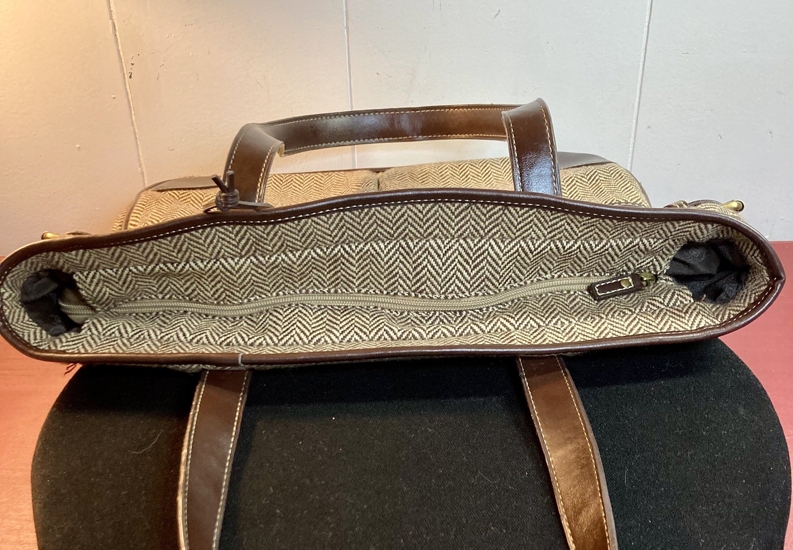 Vintage Chaps Brown Herringbone Tote Shoulder Bag Handbag Purse Double Handle
