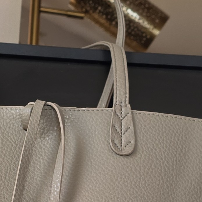 BCBG Paris Taupe Pebbled Tote Gold Hardware Logo Charm Women