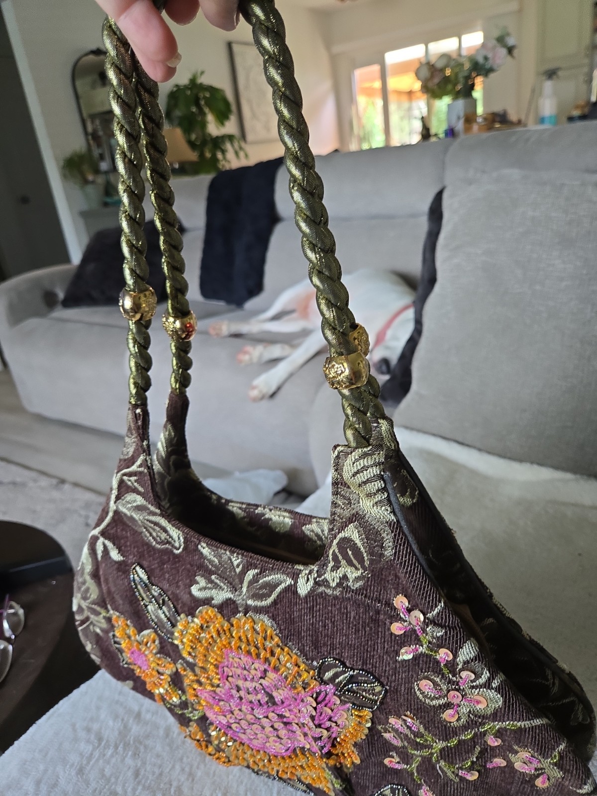 Vintage Boho Embroidered Floral Sequin Hobo Bag Brown Velvet Rope Handle Shabby