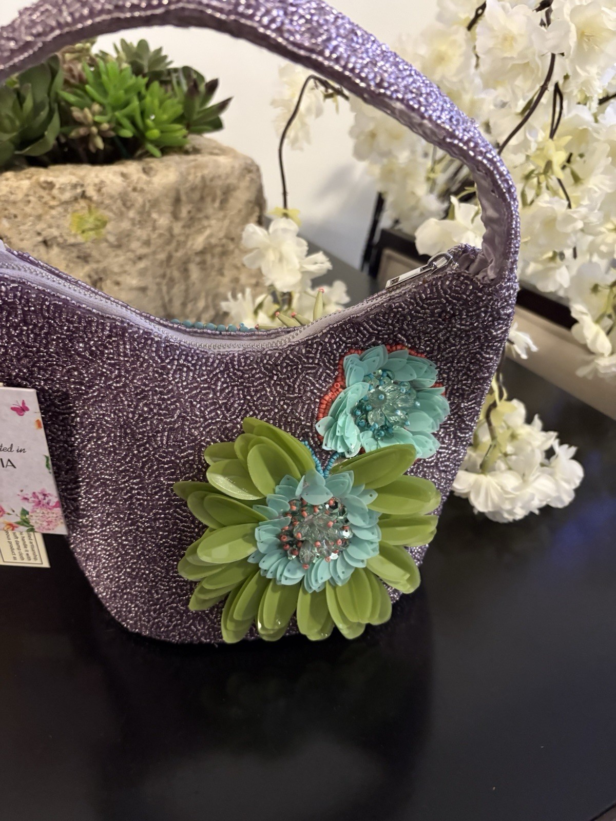 Lavender Floral Beaded and Sequined Hand or Shoulder Bag