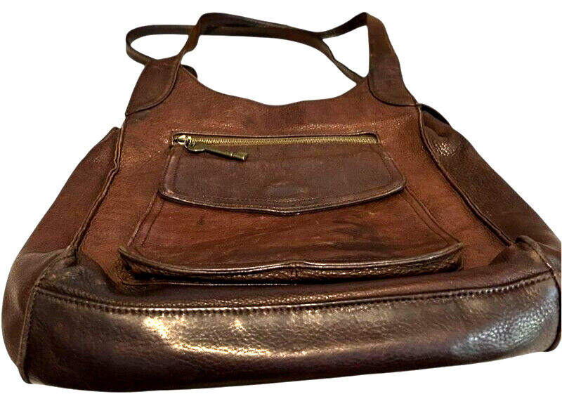 fossil 75082 brown pebbled leather shoulder bag brass keys 14x12x3 inches